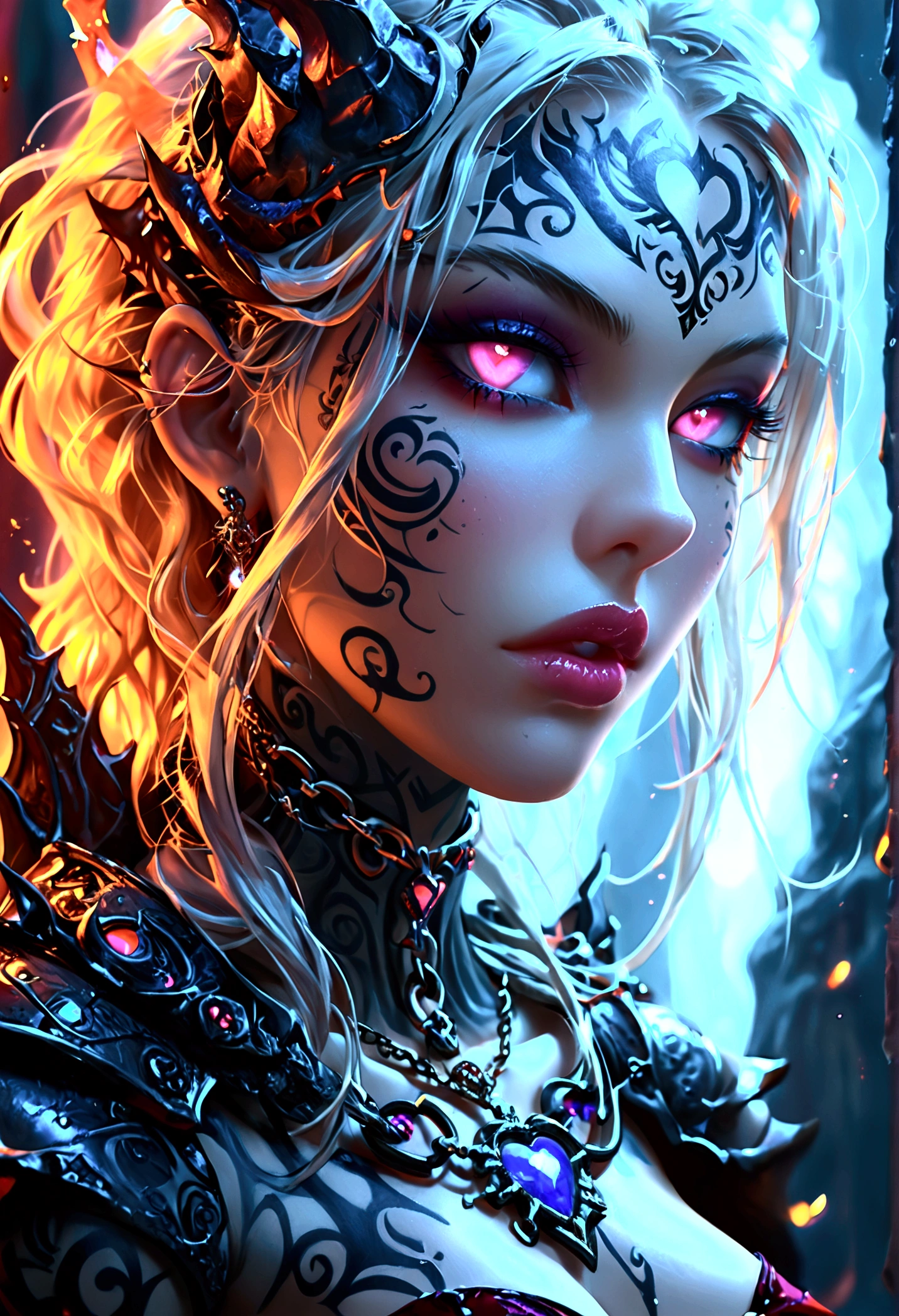 Create a hyper detailed photograph of a tattooed muscular young sexy female deathknight, Stunningly perfect gorgeous feminine face, perfect makeup, detailed vibrant neon eyes, long flowing hair, big beautiful muscular legs, big beautiful muscular arms, perfect hour glass body figure, detailed smooth skin, large breast, perfect round ass, complete full body view,
