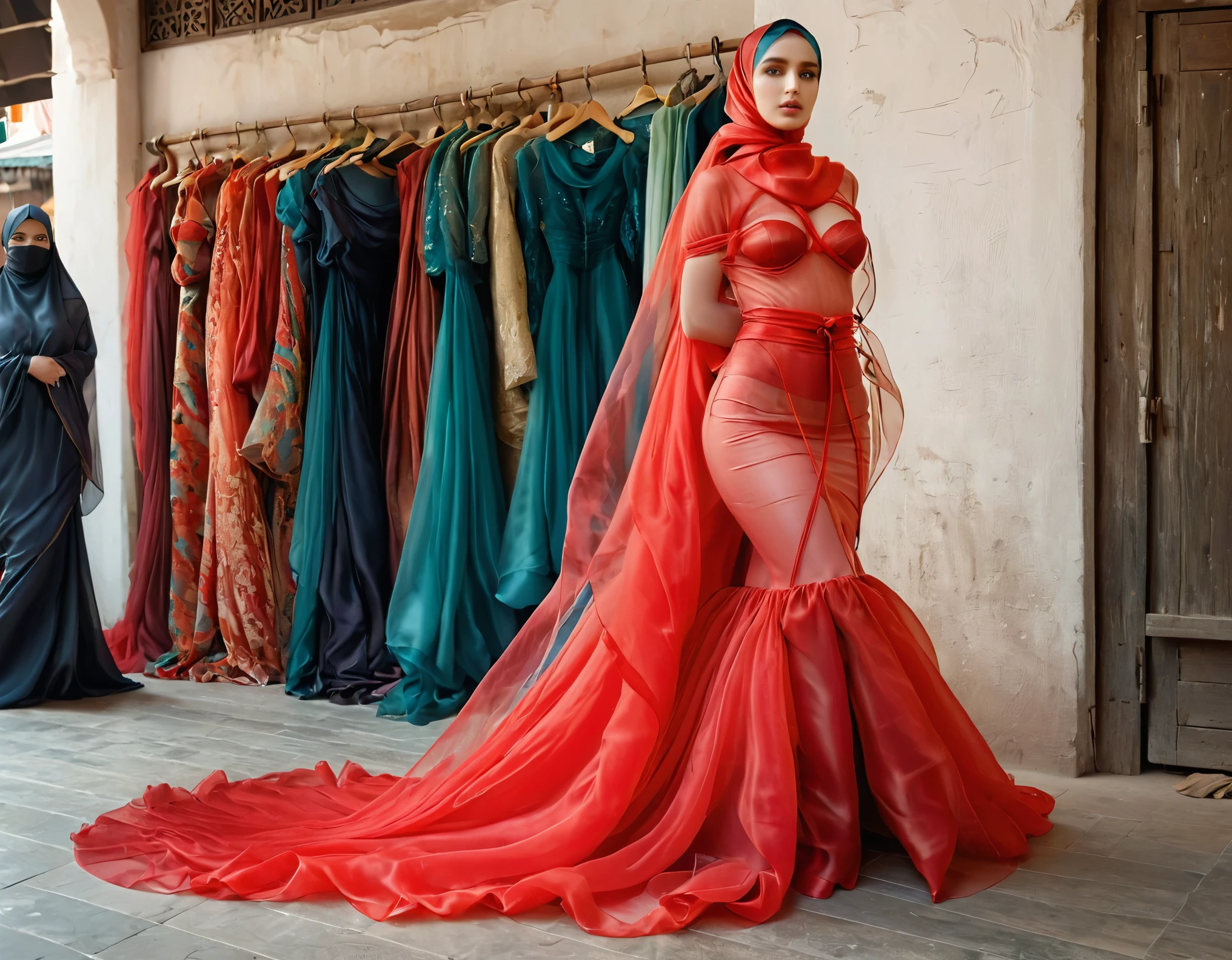A woman shrouded in 9 meters of red transparent silk organza, tight wrapped from the waist to the thighs and mermaid shape on the bottom of dress, tied tightly and magnificently draped along her body shape, 9 meter long flowing dress tail on the floor, strugle to handle her dress,styled in mermaid inspired clothing, her head is simply veiled in a satin hijab, 185cm tall woman, standing in traditional market, full body pose conveying an elegant impression, caught on camera in resolution 4k, very realistic
