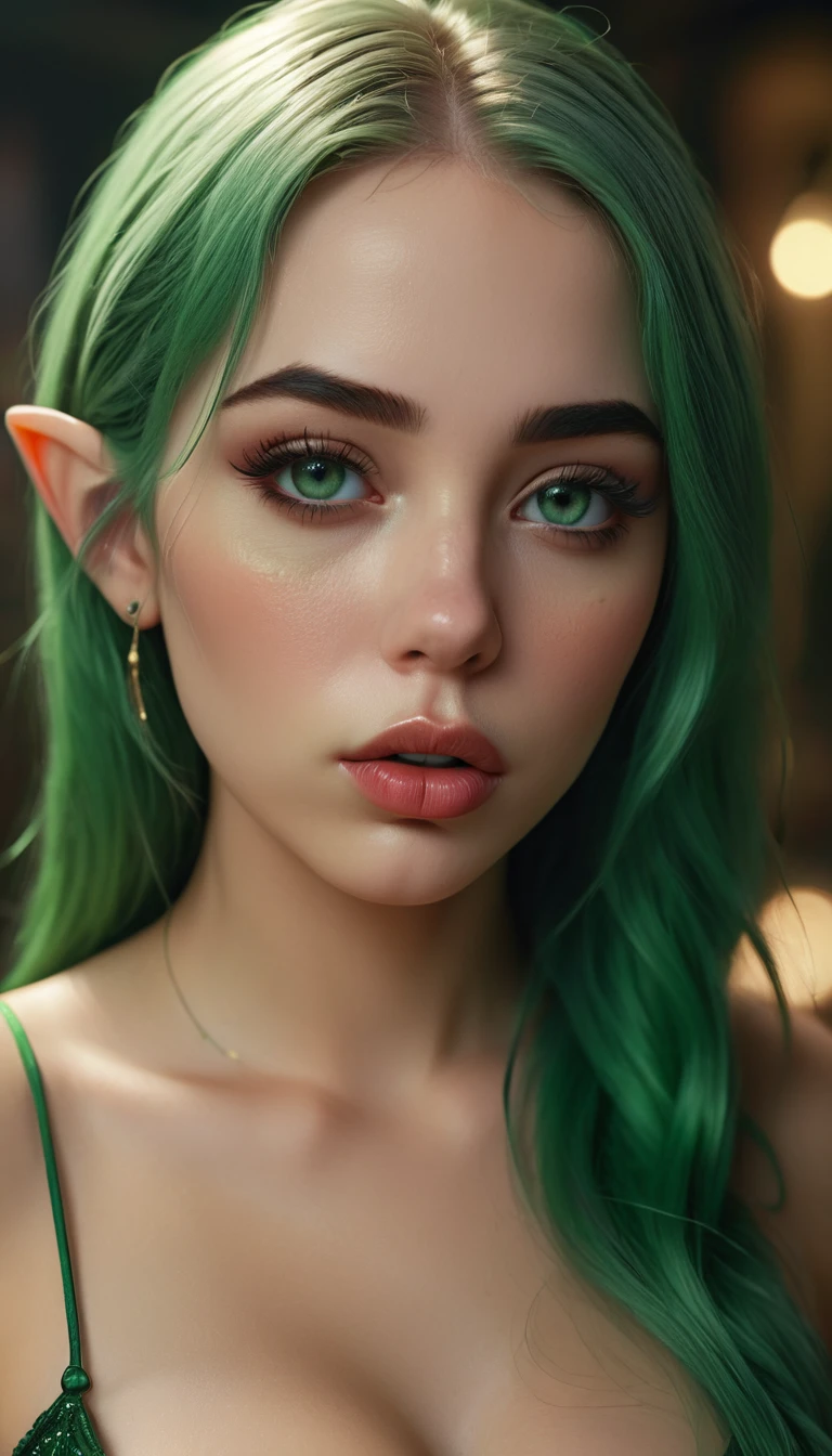 young sexy elf, green hair, Bimbo style ,  big full pouting ,  fat lips , seductive, 1 girl,  gorgeous detailed eyes ,  beautiful detailed lips ,  extremely detailed eyes and face, Long eyelashes, hyperrealistic,  Photorealistic , 8k,  ultra-detailed, masterpiece,  High quality ,  intricate details,  cinematic lighting ,  vivid colors ,  glamorous , Fashion portrait, sensual, alluring, fascinating