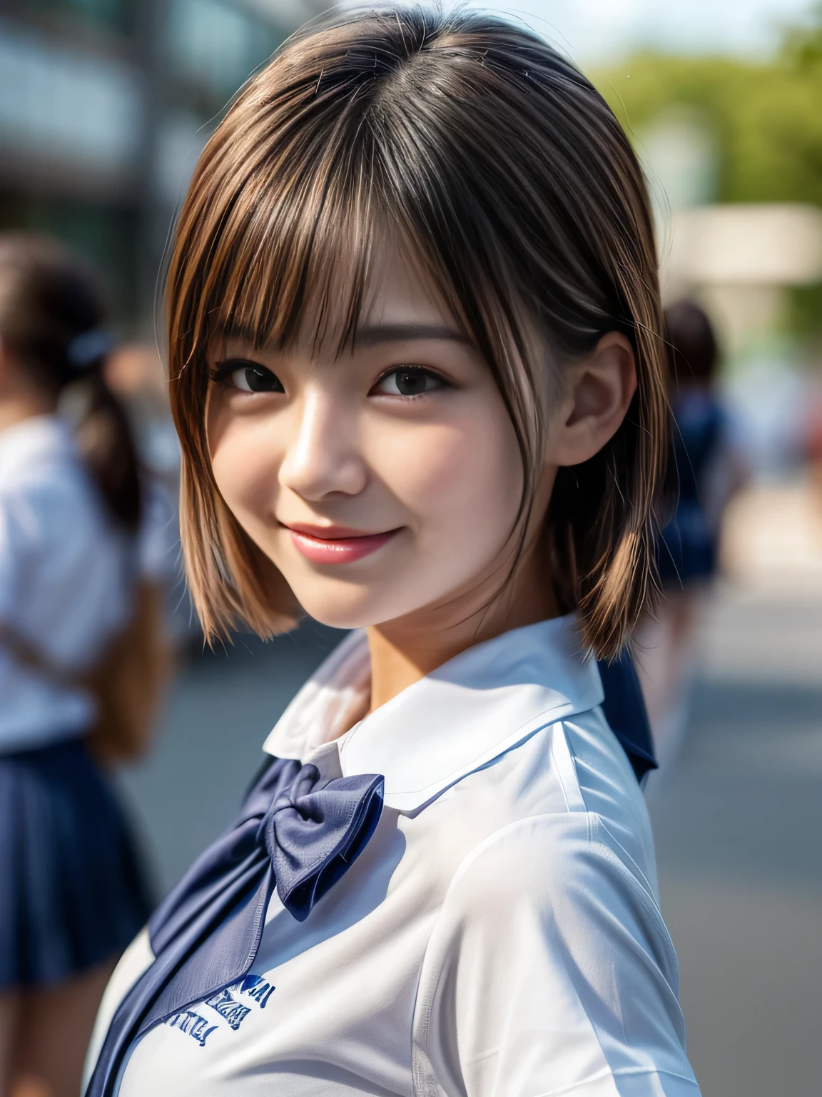masterpiece, best quality, ultra-detailed, intricately detailed hyperdetailed, realistic, sharp features, highly detailed, sharp focus, Realistic, Photorealistic:1.3, perfect face, perfect symmetrically eyes, perfect full lips, hyper detailed, hyper realistic, high resolution, Attractive Japanese woman, Cute and sexy, Japanese idol, fascinate, Beautiful Face, ((school uniform, white collared short sleeve shirt, blue ribbon)), light brown hair, Beautiful hairstyle, (peace sign:1.2), (looking at viewer), blurred background, Well-rounded and pretty face, (seductive smile:1.2), (dynamic lighting), (selfie shot), highly detailed,
