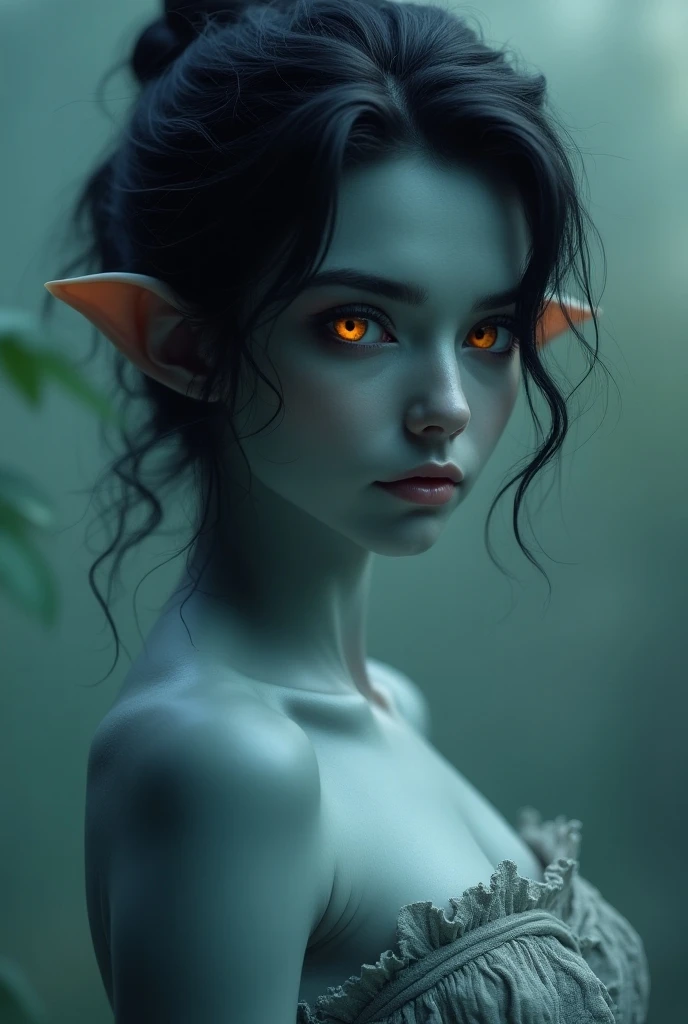 a woman with very blue skin and yellow eyes, straight, dark blue hair, fish ears, a small princess tiara , a blue pendant necklace, naked, traumatized gaze and bloody face with the vagina visible