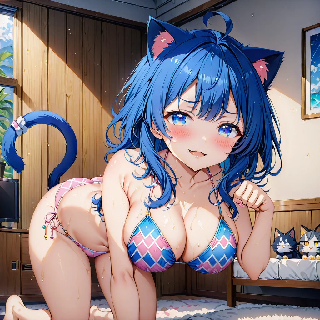 Score_9, Score_8_up, Score_7_up, source_anime, annayanami, annayanami, medium hair, blue eyes, ahoge, blue hair, large breasts, bikini, pink bikini, reticulated pattern bikini, cat ears head band, cat tail, paw pose, all fours, blush, smirk, open mouth, from front, solo, look at viewer, room, best quality, ultra-detailed, high resolution, 8K,