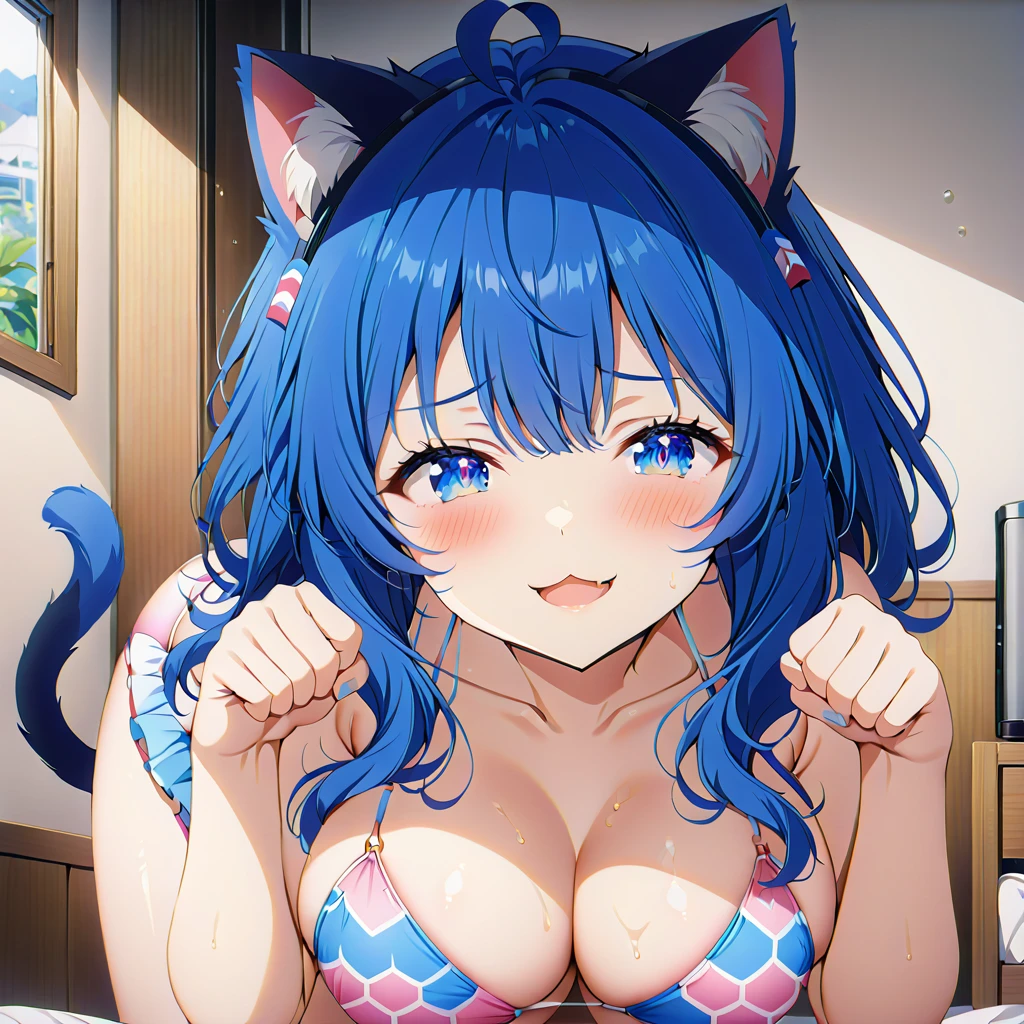 Score_9, Score_8_up, Score_7_up, source_anime, annayanami, annayanami, medium hair, blue eyes, ahoge, blue hair, large breasts, bikini, pink bikini, reticulated pattern bikini, cat ears head band, cat tail, paw pose, all fours, blush, smirk, open mouth, from front, solo, look at viewer, room, best quality, ultra-detailed, high resolution, 8K,