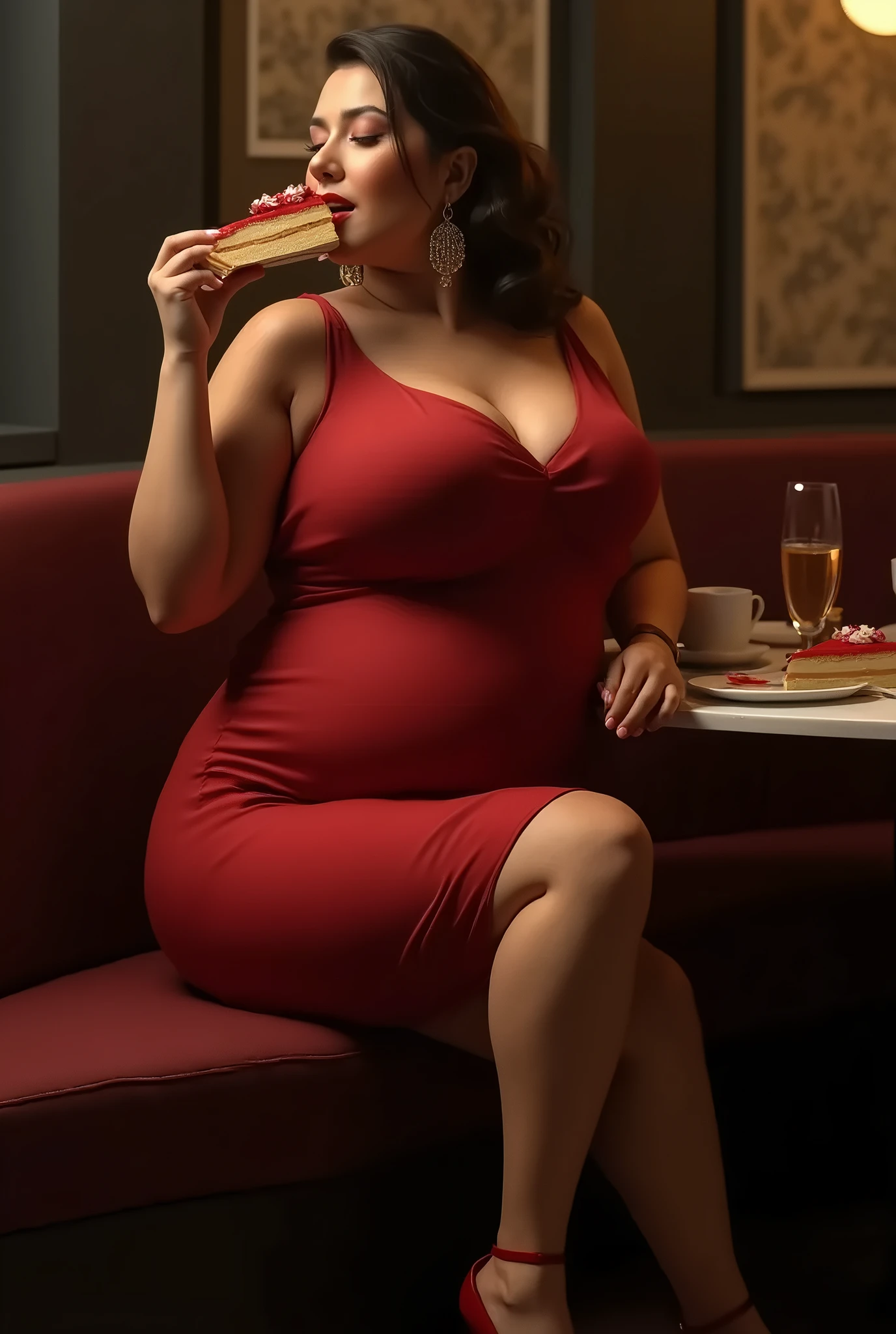 The same woman from the picture but naked eating chips. That your body is stained with ketchup. Let her have a sensual look.