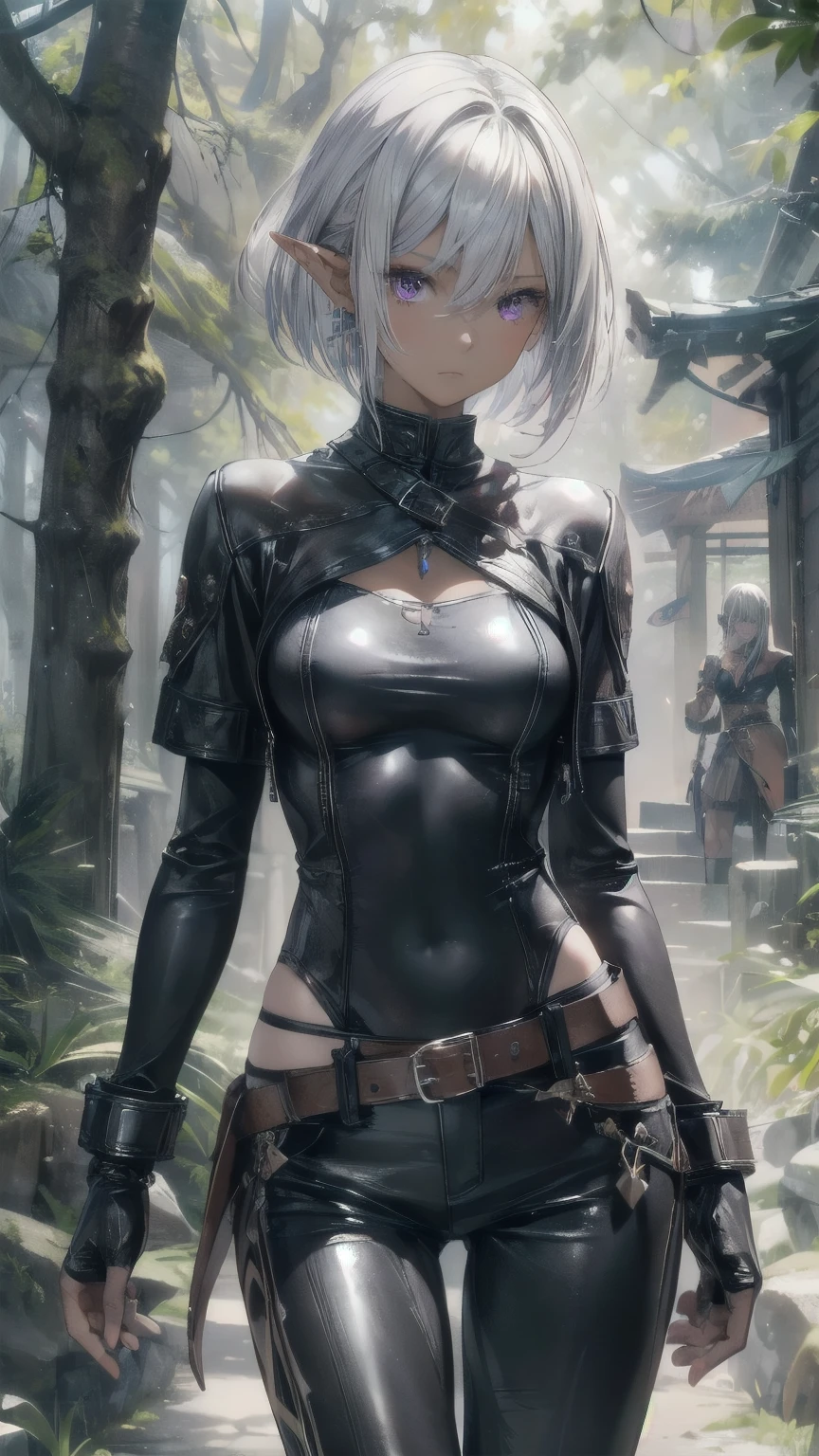 work of art, best qualityer, high resolution, 1 girl, synonym 1, scarf, mitts, ninja mask, long sleeves, leather pants, White hair, Cat's ears, cat tail, roupas de rogue, leather pants, thigh strap, holding, holding faca, heterochromia, yellow eye, blue eye, hooded cloak, rogue, ninja, ruins, Mediovale