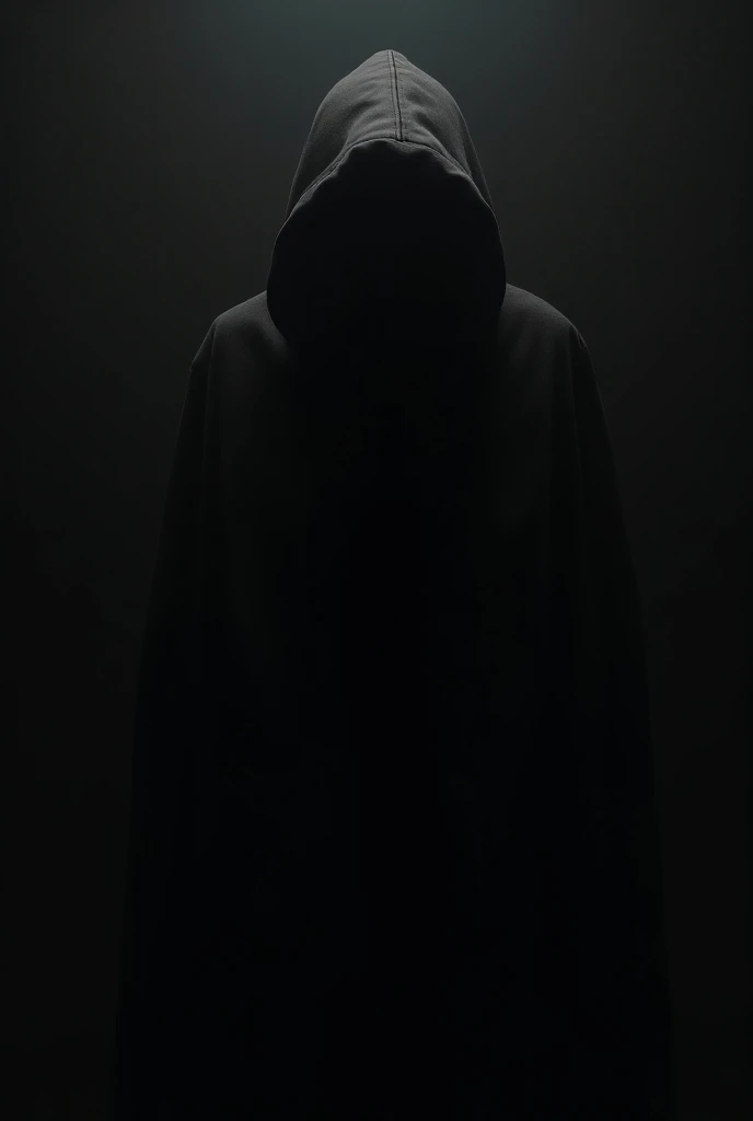 Silhouette picture of anonymous person smiling creepily, wearing hoody, body is facing 45°, his head is looking right at you, black background