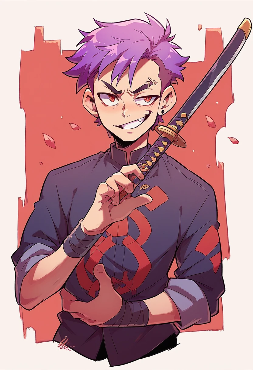 A boy,with a confident smile, purple-haired and red-eyed , using a katana in the hand