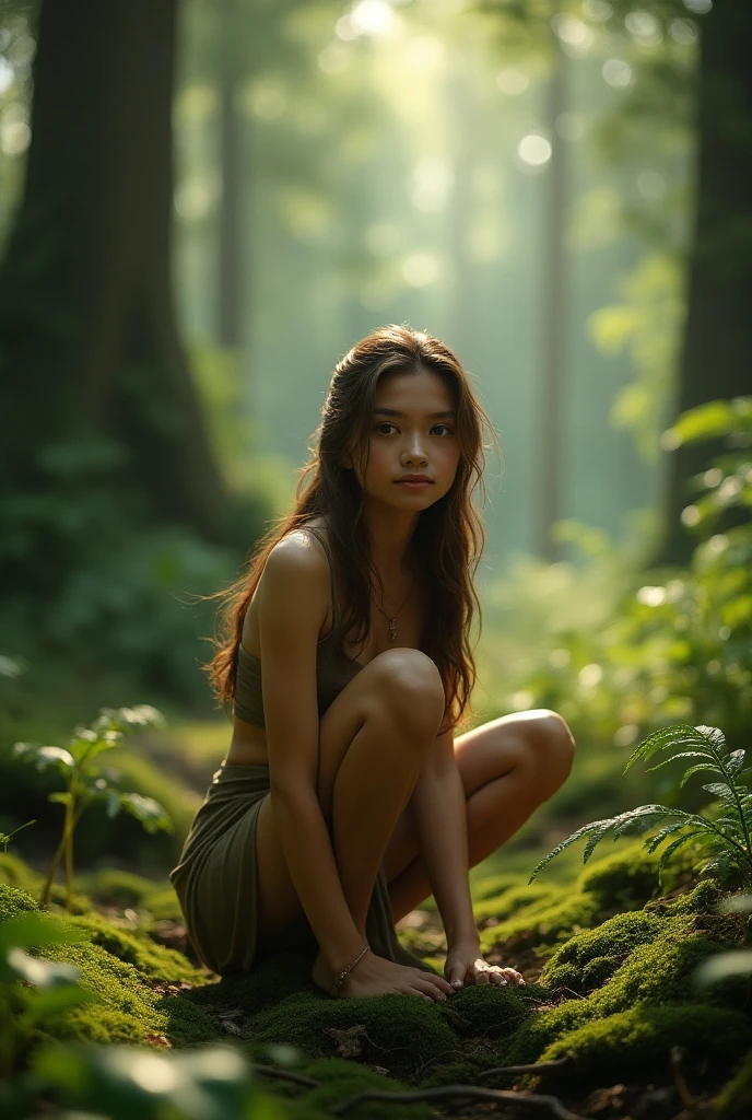 “Develop a portrait of a young woman in her early 20s, donning traditional Southeast Asian attire, set in a tranquil natural landscape. Her calm and serene expression suggests a deep connection with nature, contrasting with the complexity of her clothing.”