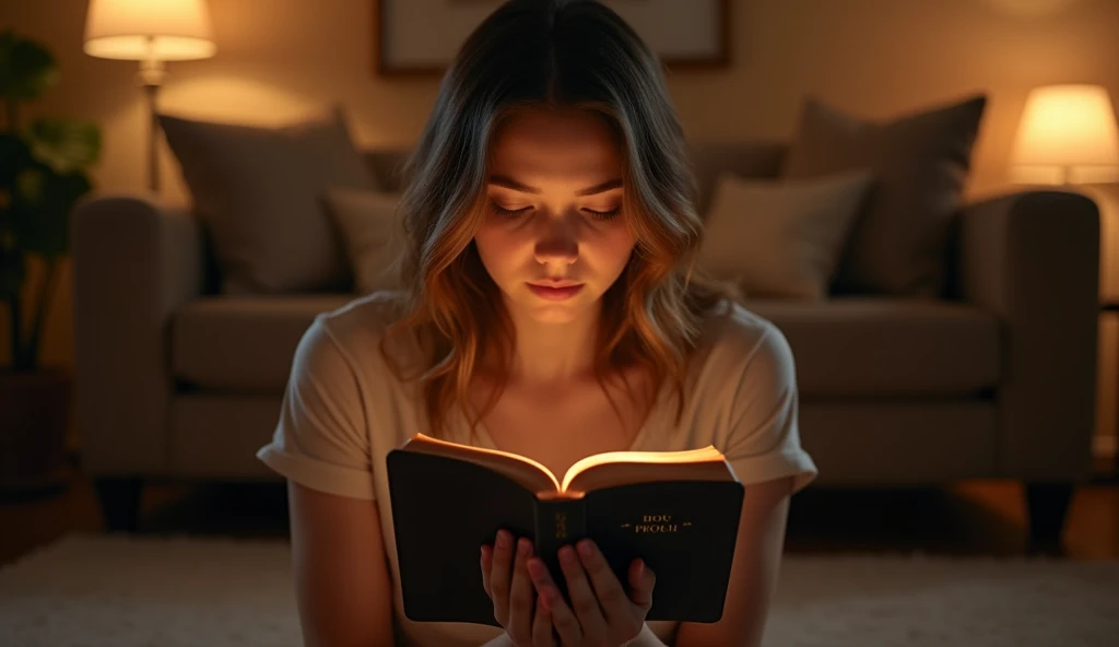 Create an image of a person sitting in a simple, rustic room, reading an open Bible. A soft, divine light glows from the pages, subtly shaping into the figure of Jesus, highlighting the power of faith in the Word unseen.