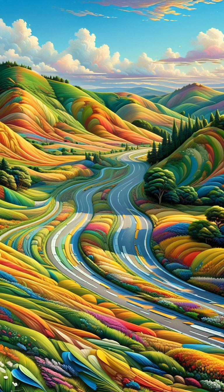 Masterpiece, best composition, best quality, pointillism, minimalist illustration, painting of a road through a hilly area, a landscape with rolling hills, various trees and grasses, colorful design, sun, blue sky and white clouds, Kilian Eng. Vibrant colors, colorful illustration, by justin gerard, vibrant gouache landscape, colorful flat surreal, colorful landscape painting, Camille Bon Bois, Craig Thompson.