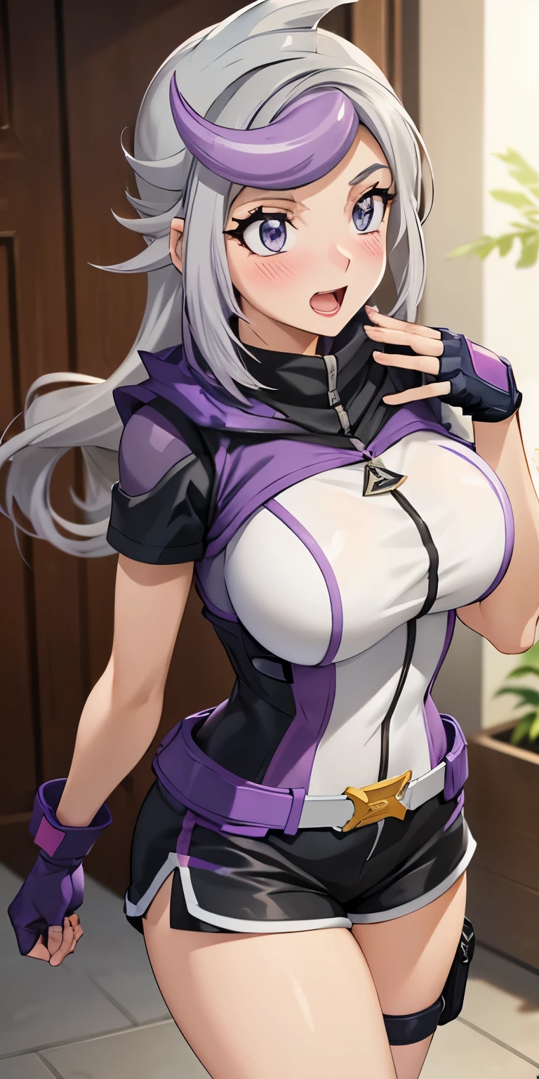 1 Female,High definition,high resolution,Ultra-realistic,8K,  1girl, (ghost_girl:1.2), (grey hair:1.2),(purple hair:1.2), grey eyes, low-tied long hair, (purple, white bodysuit:1.2), (short sleeves:1.2), (black shorts, short shorts:1.2), , (purple gloves, fingerless gloves:1.2), large breasts,European,sexy,Upper body close-up,Photographed from the front,Dynamic Angles,blush, big tits ,happy,open mouth