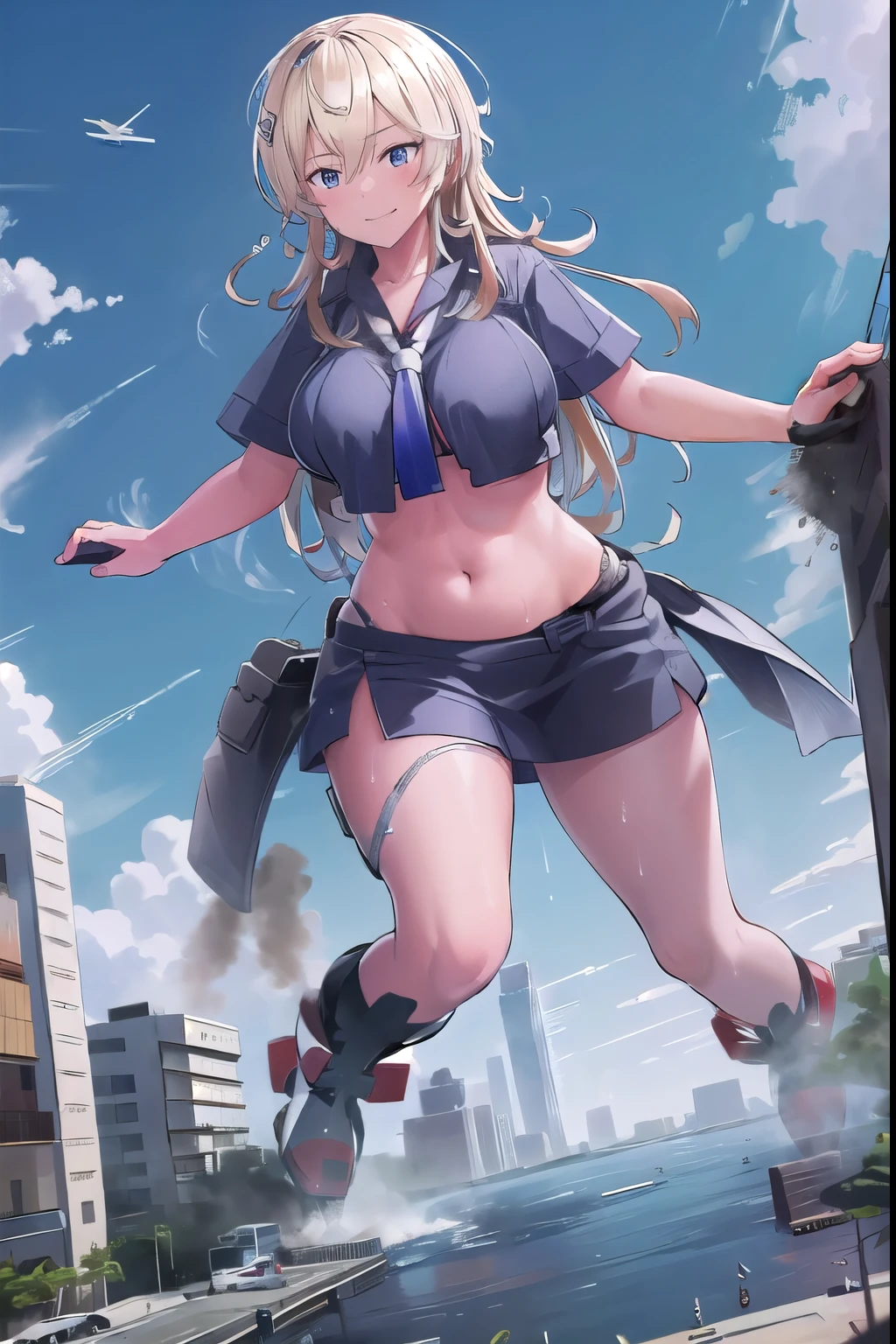 ((giantess)), 1 rapariga, tuscalosa_kancolle, Woman destroying a city, Big cities, Glass building, Pleasure, Long legs, Sweat, Falling sweat, giga giantess, blue sky, (hugebreast), Curvaceous, smile, Background of the metropolis, fullbody, Destroyed City, Dust, anime, panorama, best quality, masterpiece, highres,navel,