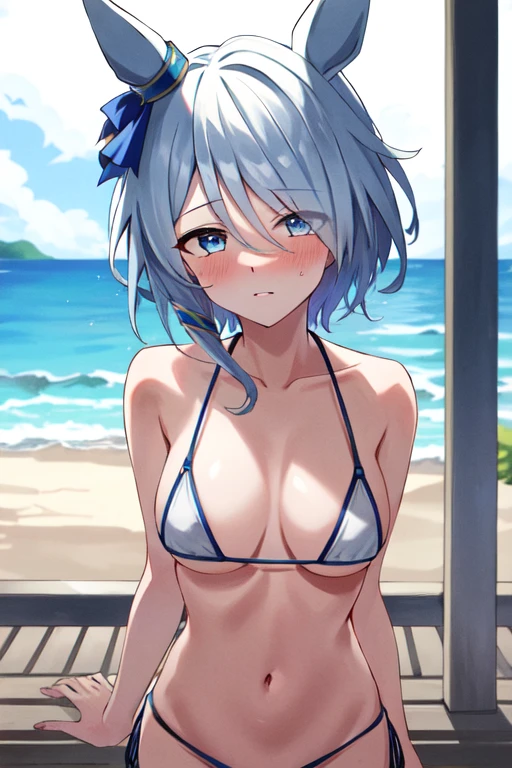 (masterpiece), highly detailed, best quality, (high resolution), 8k, 1girl, solo, k.s.miracle, umamusume, short hair, blue hair, horse ears, horse girl, horse tail, blue eyes, cinematic angle, looking at viewer, outdoor, blush, (micro bikini), beach, embarrassed, eyes visible through hair, hair over left eye