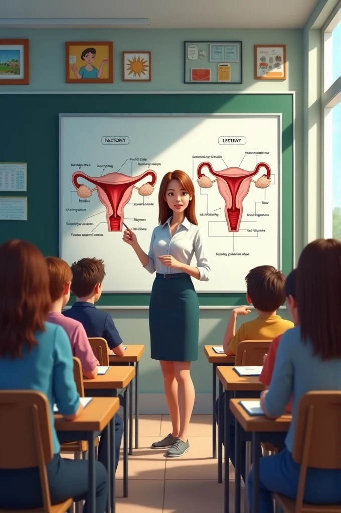 40yo,Realistic style and real women, she is Blonde with short hair, she has an hourglass figure, she has a surreal, ??????-like physique, with exaggerated curves that showcase large buttocks and voluminous breasts and she is very slim photorealiste,
On the poster, she appears in a scientist's outfit, wearing a crisp white blouse that symbolizes professionalism and rigor. Her hair is pulled back in a neat ponytail, giving her a serious yet approachable air.
She stands next to a large informative poster, featuring detailed Male genitalia and the mechanism of male genital erection and illustrations of sperm and its production. Colorful graphics and clear diagrams show the different stages of spermatogenesis, making the subject understandable to all.
Her expression is engaging, and she points with a pen or laser pointer to key elements of the poster, while explaining the processes in a concise and educational way. The text is written in simple language, designed to inform and capture the audience's attention.
The poster's background is bright and attractive, with eye-catching graphic elements that underline the importance of the theme. The overall composition conveys an image that is both instructive and captivating, while at the same time emphasizing its expertise as a scientist.