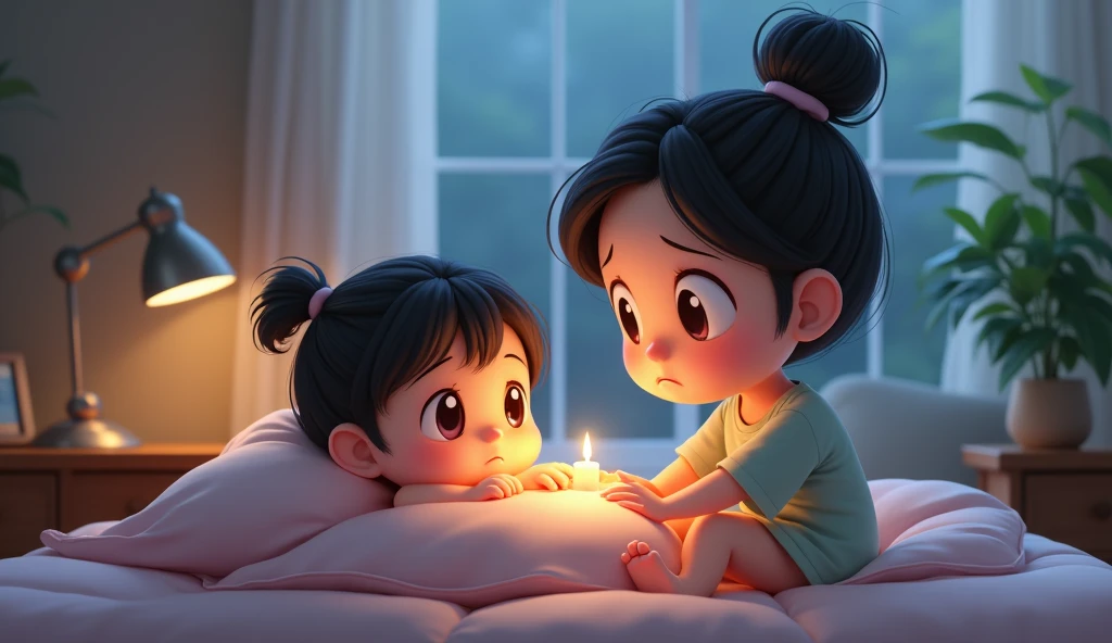 Create a Pixar-style image of a scene of a young mother leaving her sleeping daughter's room