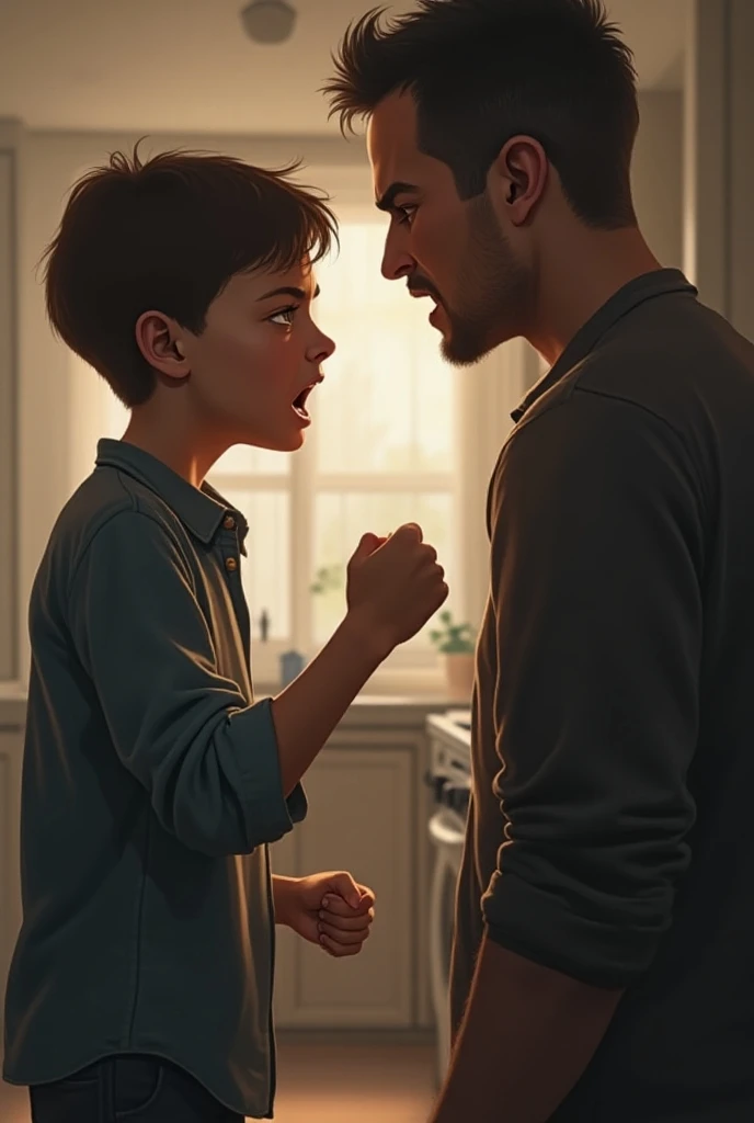 create a man with a very angry face and a child crying next to him