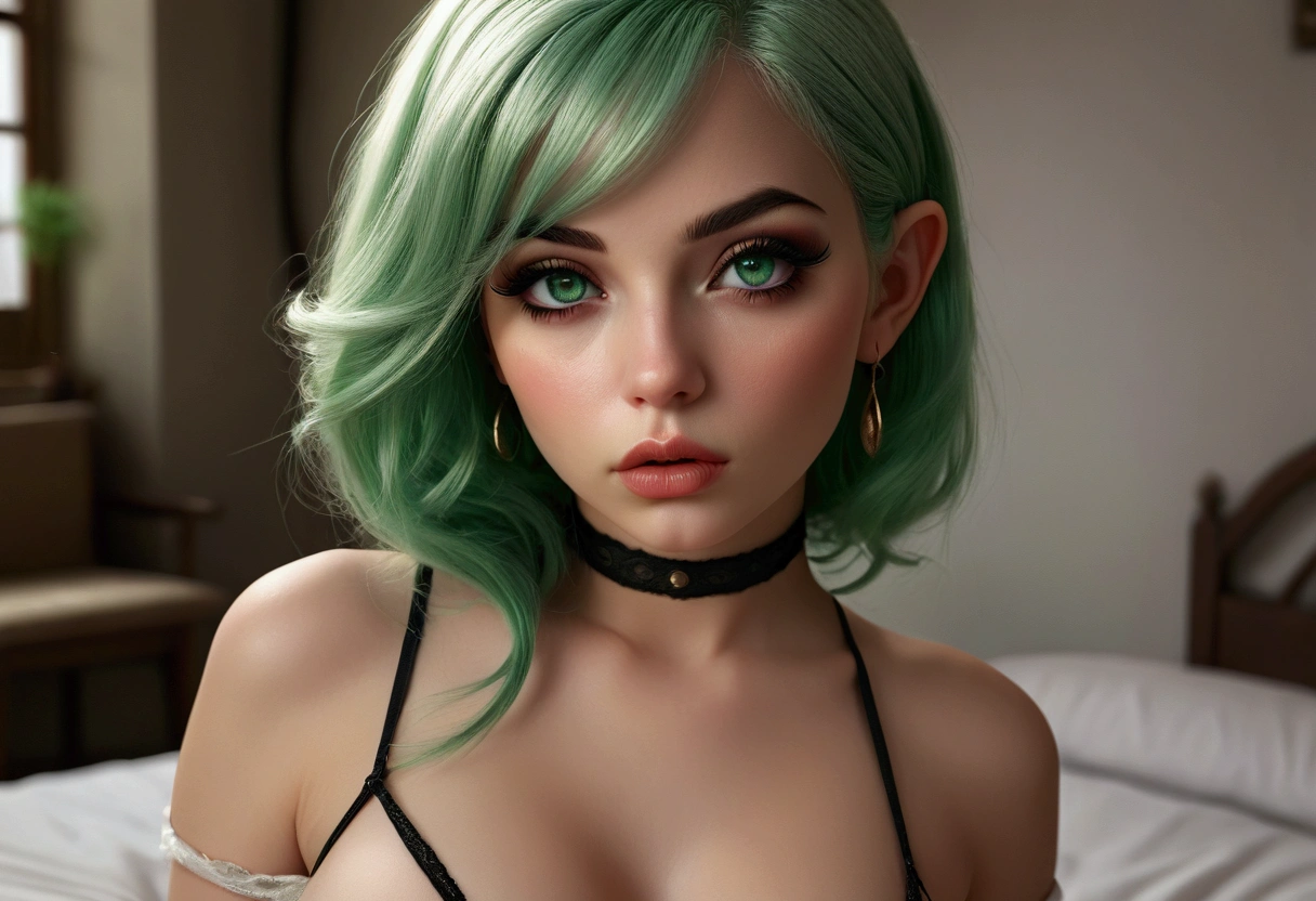 young sexy elf, green hair, Bimbo style ,  big full pouting ,  fat lips , seductive, 1 girl,  gorgeous detailed eyes ,  beautiful detailed lips ,  extremely detailed eyes and face, Long eyelashes, hyperrealistic,  Photorealistic , 8k,  ultra-detailed, masterpiece,  High quality ,  intricate details,  cinematic lighting ,  vivid colors ,  glamorous , Fashion portrait, sensual, alluring, fascinating