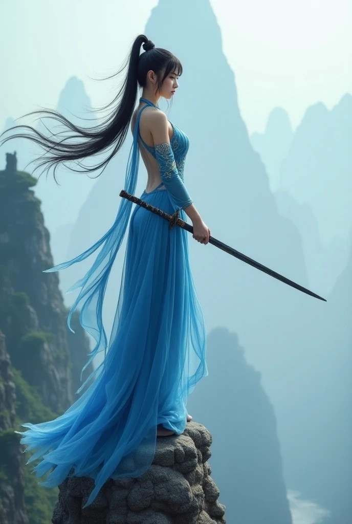 ,Mountain wall,  a Chinese Martial Fairy ,Bangs, ponytail, long hair, big breasts, Down， wearing a blue chicken germ element dress,long sword,Standing on Buddha , Head close-up, is very detailed ,  Ultra HD, minimalism, 