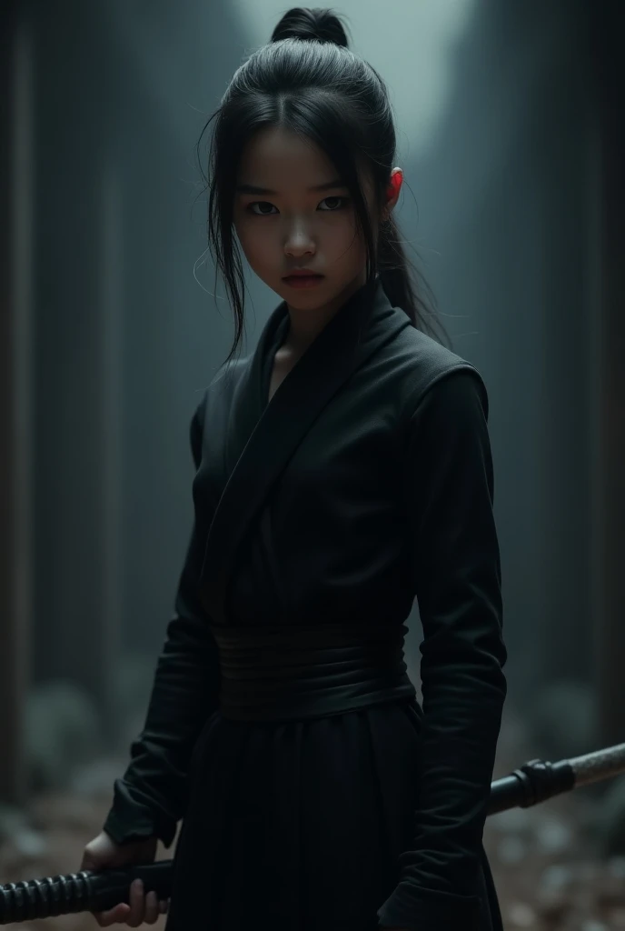 a samurai assassin,sharp katana blade,masked face,stealthy movements,detailed armor,dark and moody lighting,blood splatters,Japanese cherry blossoms,dramatic and intense,realistic,high contrast,vibrant colors,action-packed scene,sword fighting,precise and deadly strikes,emotional expression,gritty and intense,stylized brush strokes,traditional Japanese art style,powerful and agile,deadly precision,ominous atmosphere,foreboding shadows,vivid red accents,battle cries,aura of suspense and danger,fast-paced combat,traditional samurai code of honor