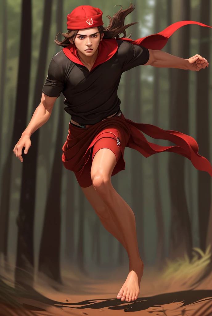 man, longe, running,  high resolution ,  brown hair, simple background, red eyes,  Fringe between the eyes, Closed mouth, negro, Indigenous Multiple Views ,  red cap Depth of field, silhouette, Lines of action,  drop shadow , Distant forest full body hand and feet 