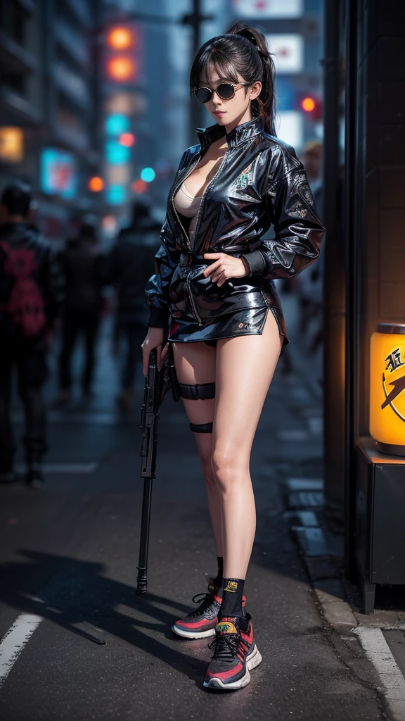 beautiful asian woman, (wearing camouflage_uniform:dark grey uniform:0.7), wearing cap, standing in city at night, neon lights, (small breasts), cleavage, fullbody, modelshot, RAW photo, (high detailed skin:1.2), 8k uhd, dslr, soft lighting, high quality, <lora:camouflage_uniform04:0.5>