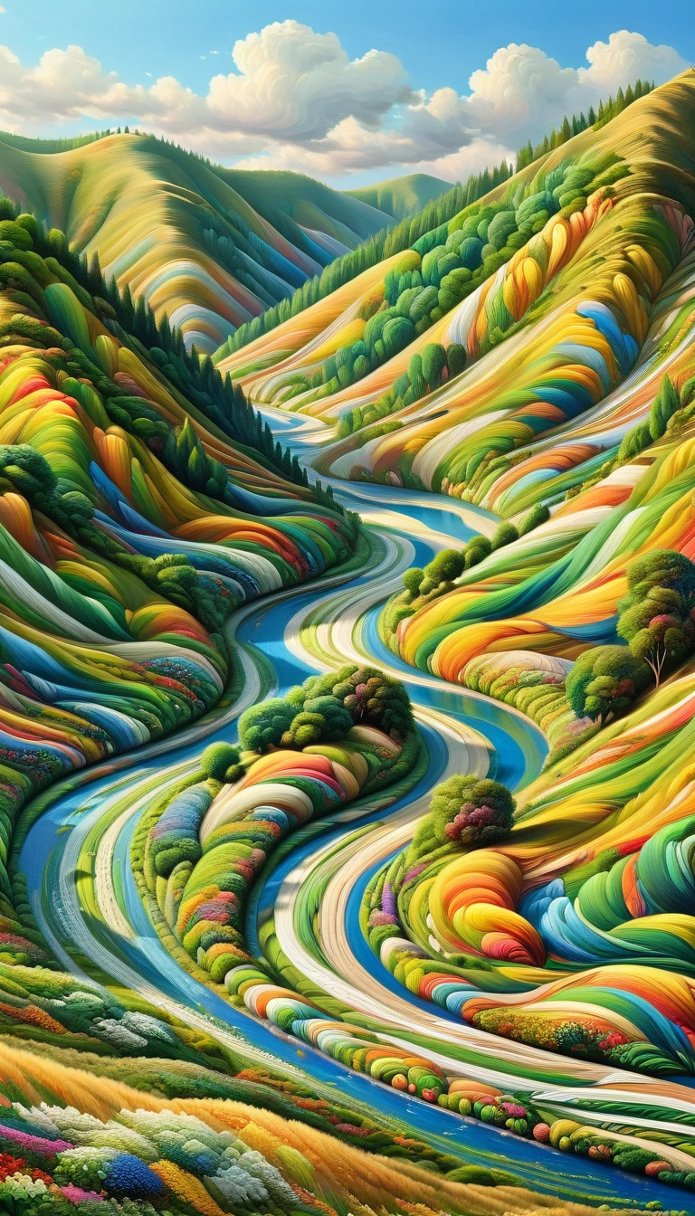 Masterpiece, best composition, best quality, pointillism, minimalist illustration, painting of a river passing through a hilly area, a landscape with rolling hills, various trees and grasses, colorful design, sun, blue sky and white clouds, vivid colors, vivid gouache landscape.