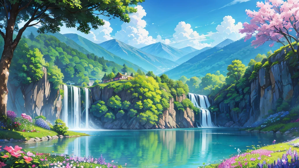 generate a beautiful view of valley with waterfall vibrant colour high resolutin reaslitic anime digital art pistal art,studio ghibli,vibrant colour,glasyy water with ultra shadow of tress,beautifull flower beside lake,high mountains,nice view,
