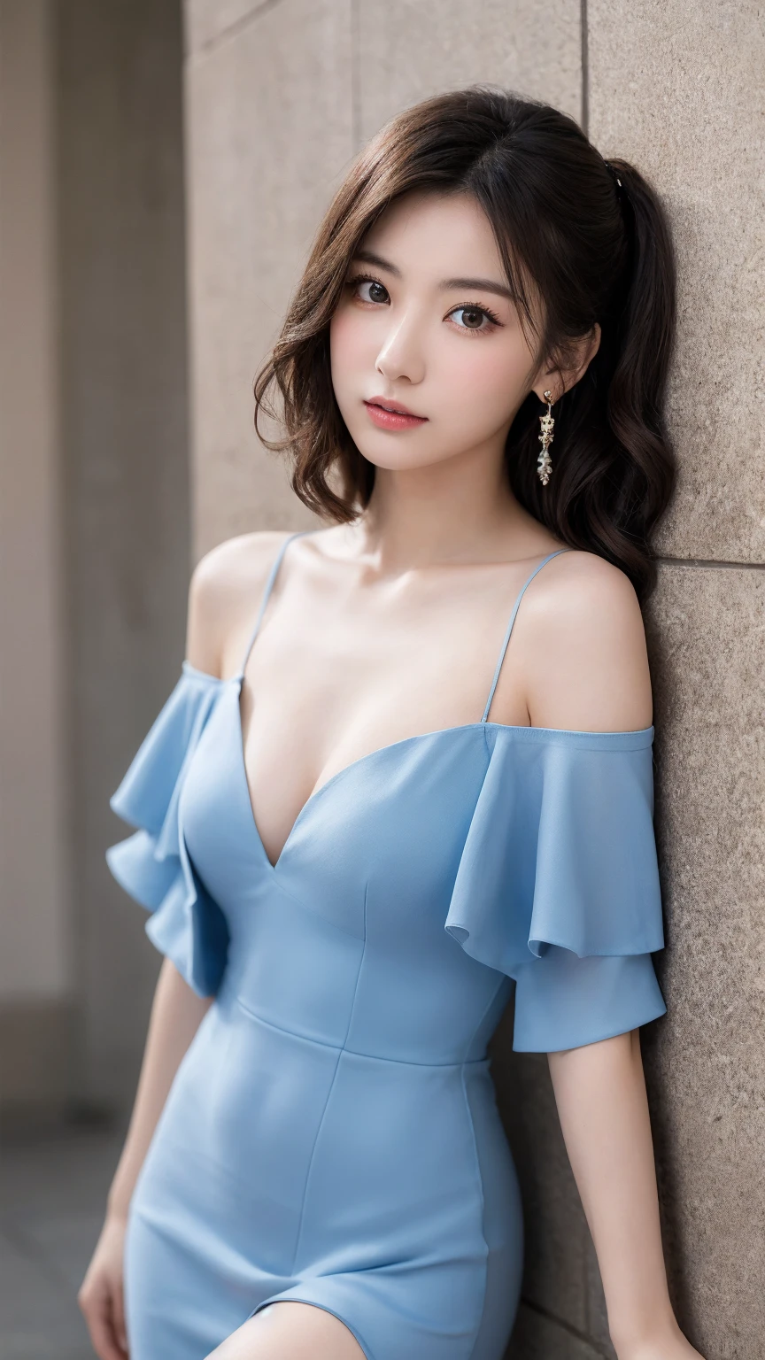 、 High Resolution 、超 High Resolution 、photograph、Japanese Women、Provocatively、cute、Age 25、、 highly detailed skin 、Japanese、、、Beautiful Face、Staring Eyes、Transparency、Even skin、細部まではっきりとexplanation、、、explanation、 Beautiful Thighs、、Ample breasts、、Updo、accessories( earrings)、、A pair of arms、Chic, glamorous and tight off-shoulder one-piece dress、Delicately decorated clothes、Realistic body shape、、Soft to the touch、、、Mature body and face、、Curly hair、、、Beautiful fingertips、 shy、Do you look at your chest 、slouch、Bring your chest together with your arms to create cleavage 、Leaning against a wall