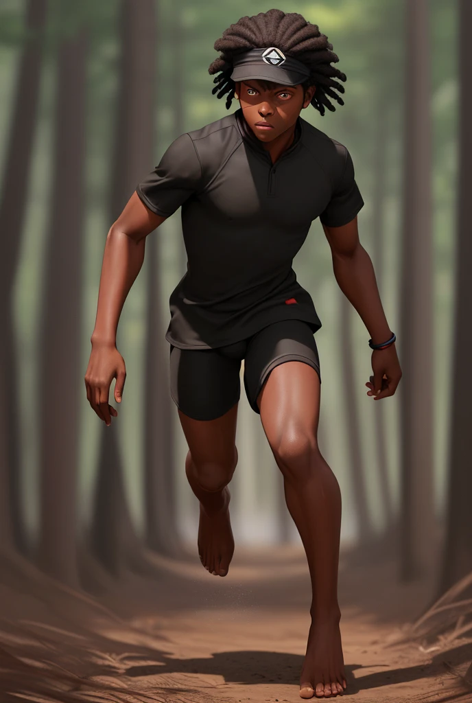 Dark skin, Negro Homem, longe, running,  high resolution ,  brown hair, simple background, red eyes,  Fringe between the eyes, Closed mouth, negro, Indigenous Multiple Views ,  red cap Depth of field, silhouette, Lines of action,  drop shadow , Distant forest full body hand and feet 