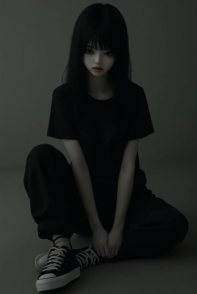 Teenager with long black hair and dark eyes white shirt black jacket black pants and black sneakers