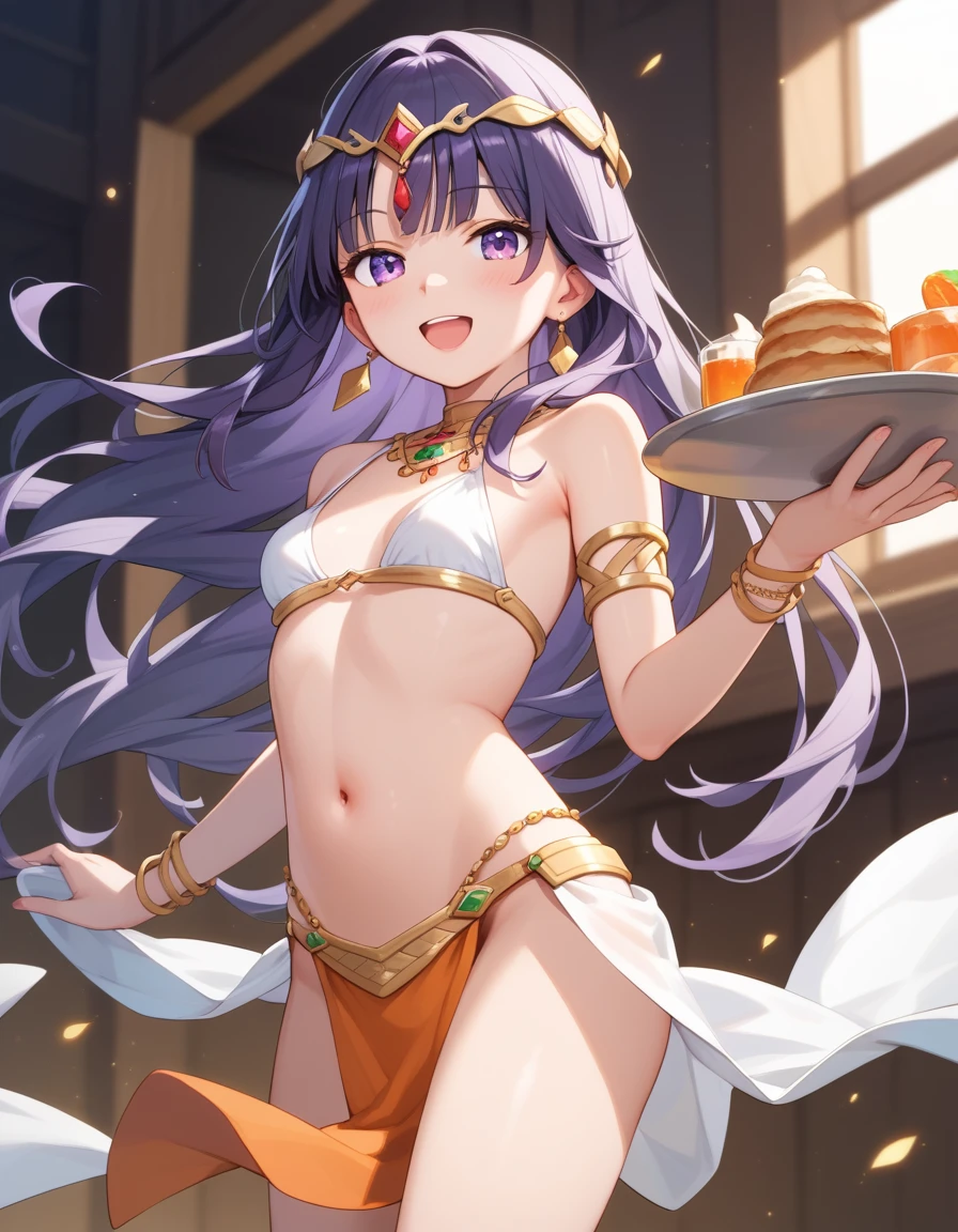 high quality, ultra detailed, best quality, insanely detailed, beautiful, masterpiece, 1girl, bar, cowboy shot, red eyes, long hair, light purple hair, (belly dancer, harem outfit:1.2), crop top, (pelvic curtain:1.2), purple costume, bare legs, veil, circlet, earrings, armlets, bracelets, bashful smile, dancing, large breasts, cleavage, soft stomach, nice hands, perfect hands