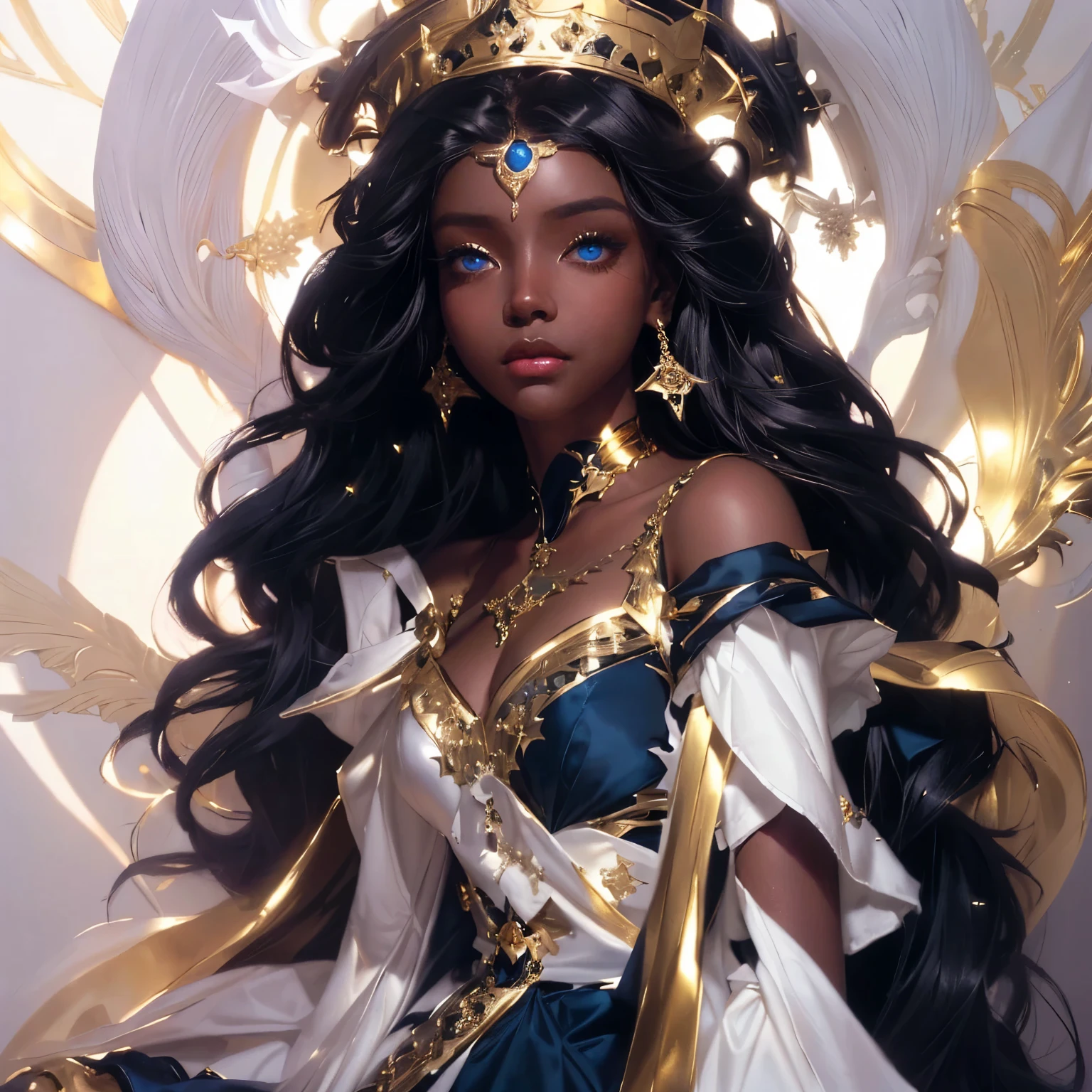 masterpiece, best quality, (extremely detailed CG unity 8k), artstation, (goddess), ((dark blue skin)), (full body), extremely detailed long cat ears, (detailed long white dress), extremely detailed face, (very sexy), ((nsfw)), extremely detailed body, huge breast, (sky background), long hair, long detailed tail,