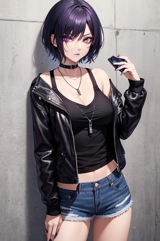 Black Gal　Short Hair　１７age　Cold Eyes　night　 it's raining 　full moon　 leaning against the wall and fiddling with my smartphone　　T-Shirts　　zipped denim shorts　Small breasts　 abs　Leather jacket　Skull Necklace　 Staring 　Bad mood　Cold Stare　　Despise the audience　Purple lipstick　 purple eyeshadow  　Visual Kei