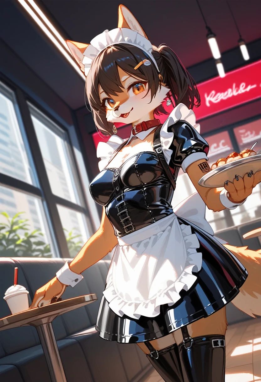 Highest quality, Highest quality, High quality illustrations, masterpiece, Ultra-high resolution, Detailed Background, maid Cafe, Absurd, Perfect Anatomy, performance, Good lighting, Shadows in the movies(kemono, Furry Personifi猫ion), Pink Skin, Rubber suit, Rubber suit, latex, neon, neonライト, neonカラー, Rubber maid outfit, ribbon, Rubber mask