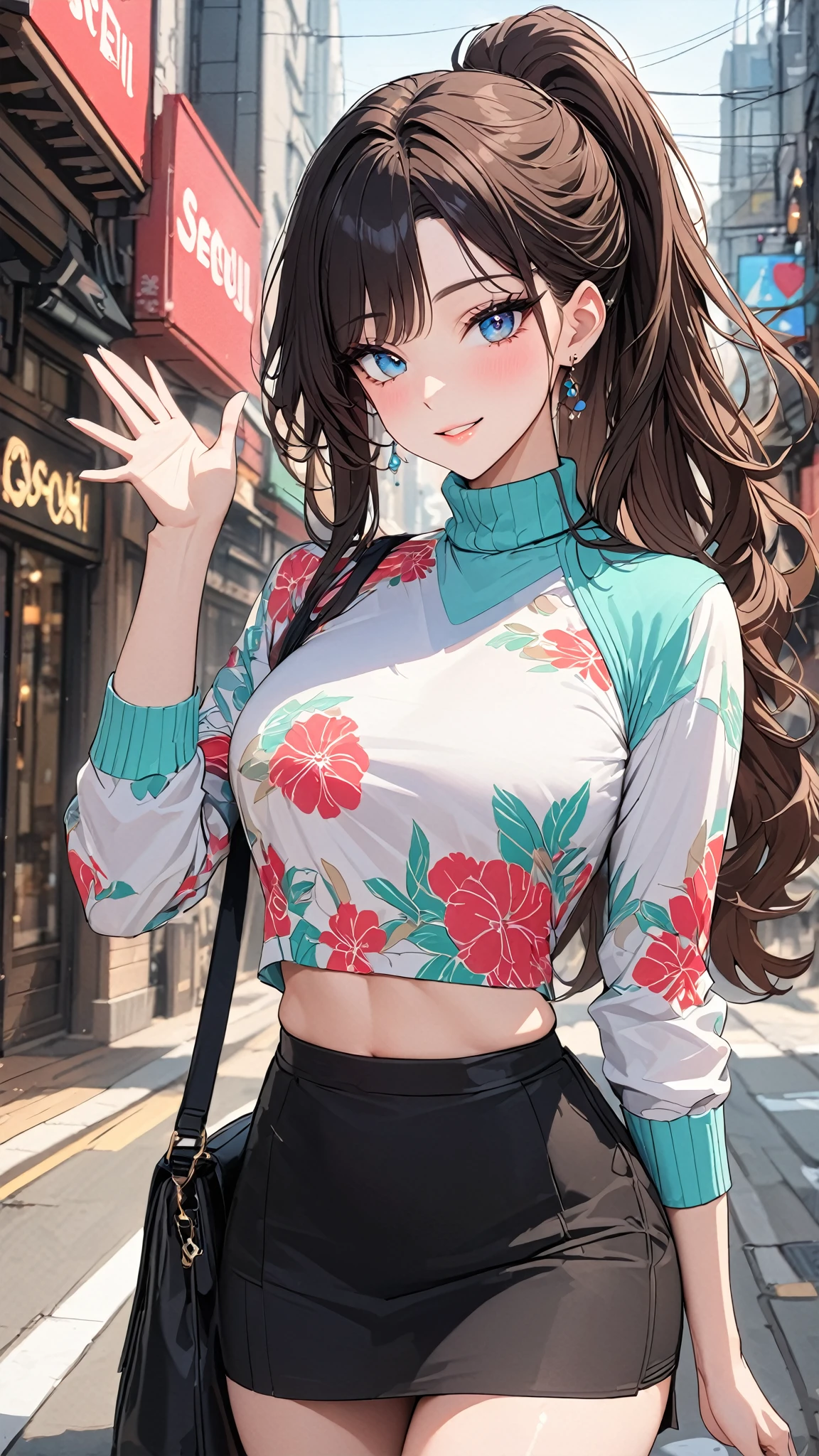 (masterpiece, best quality), beautiful woman, printed cropped turtleneck shirt, skirt, wavy hair, ponytail, asymmetrical bangs, waving at the viewer, perfect face, beautiful face, alluring, big gorgeous eyes, soft smile, perfect slim fit body, city streets, (outdoor), seoul, bright colors