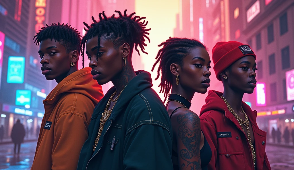 E-girl in light pink blouse, e com cabelo Black Power cacheado, and E-girl with black coat and curly black Power hair, and another e-girl with a black coat, straight hair with pink bangs, a little towards the shade of red, with the rest of her hair black, and a dark-skinned man with short hair shaved on the side, with a thick cord, with a black blouse
