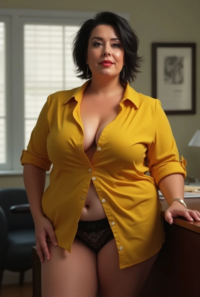 A 35 years old chubby indonesian woman with big breasts, big belly, bob cut hair style, wear sheer and tight semi formal shirt with opened button, black mini skirt, sexy sensual and seductive expression and pose, holding some document, on the desk in the office, realistic photography, natural light, look at the viewer, 