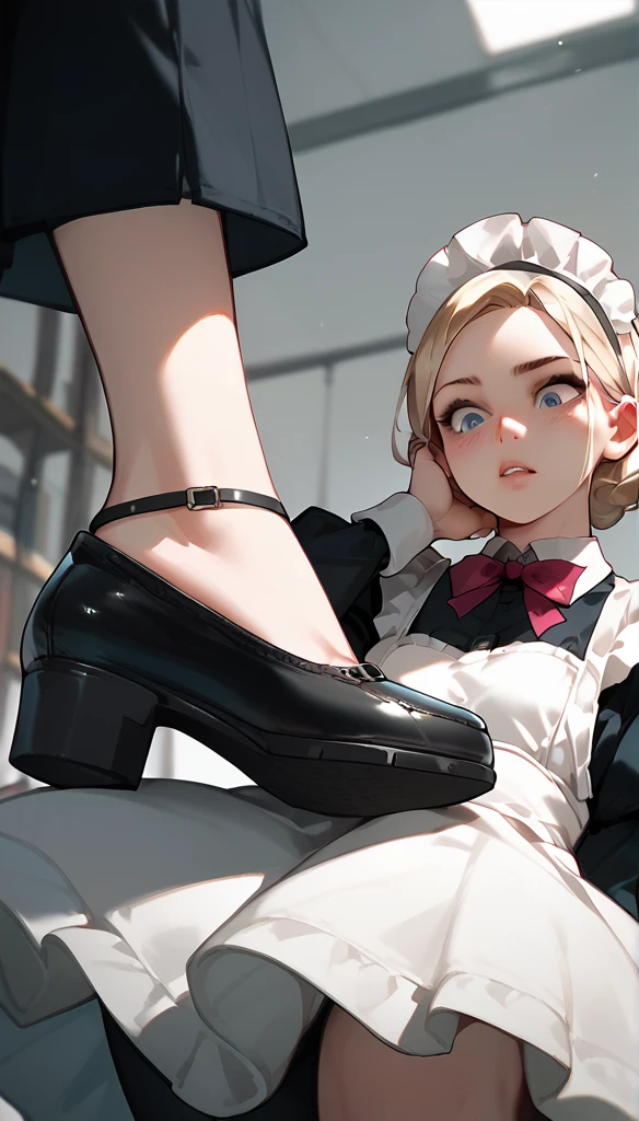 Anime Women, Maid, raised leg, Stomping of feet on throat, looking down, head out of frame, throw