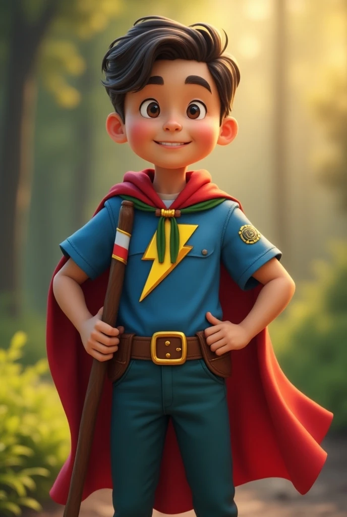 Image of a boy for a story in a YouTube video in Pixar format, He's little Matthew, He's the class leader, He's outgoing, Playful and gets up for a lot of things, cabelo curto crespo, pele morena, olhos fundos, Friendly and playing football