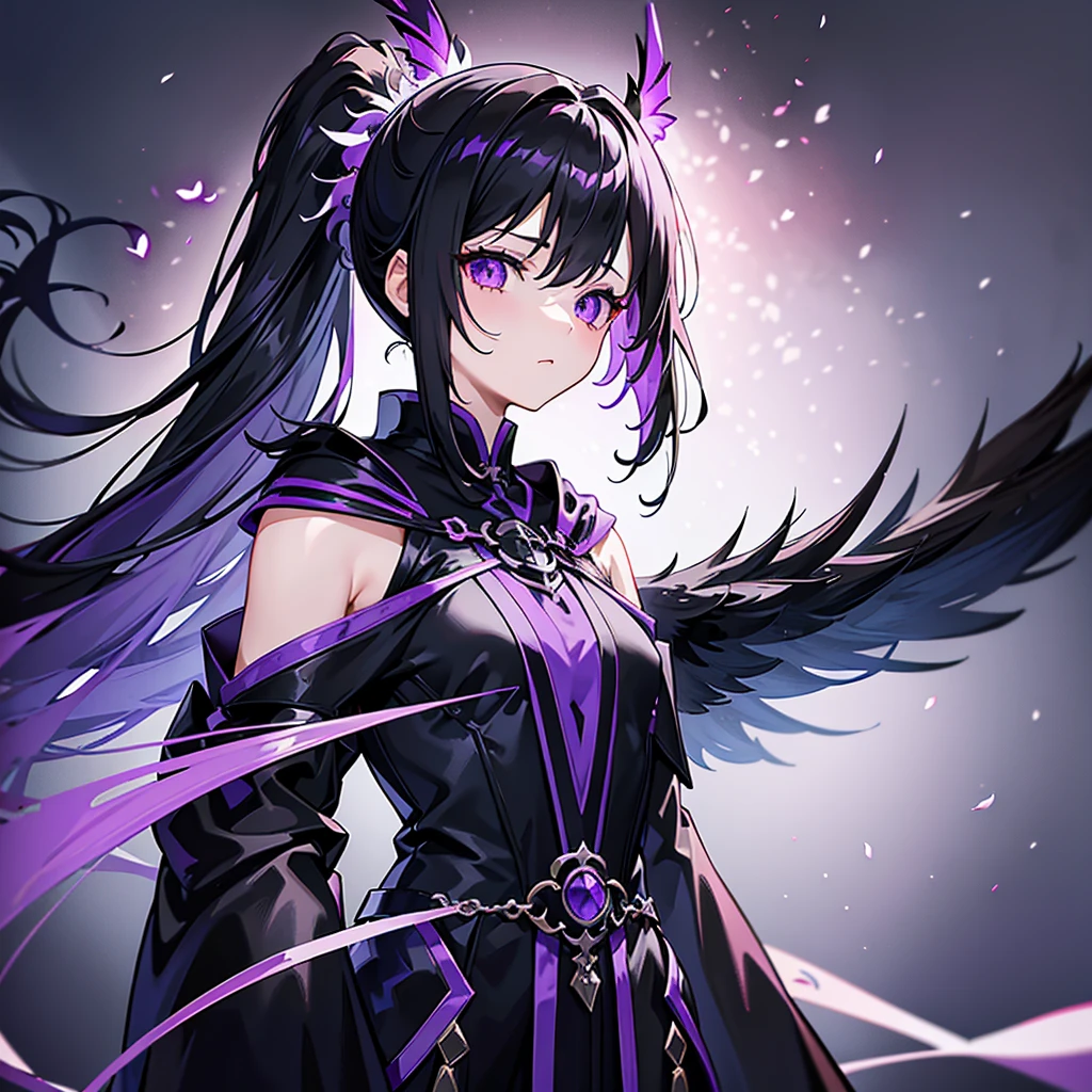 Black Purple Fire Bow 1 .9((Alone))(long side ponytail 1.8)((small breasts1.*****ung Body 1.2、Long black hair 1.5、Purple Eyes 1.5、1 dressed in worn out black wizard clothing.8、 Big Winged Angel Wizard Girl Metatron 1.3、