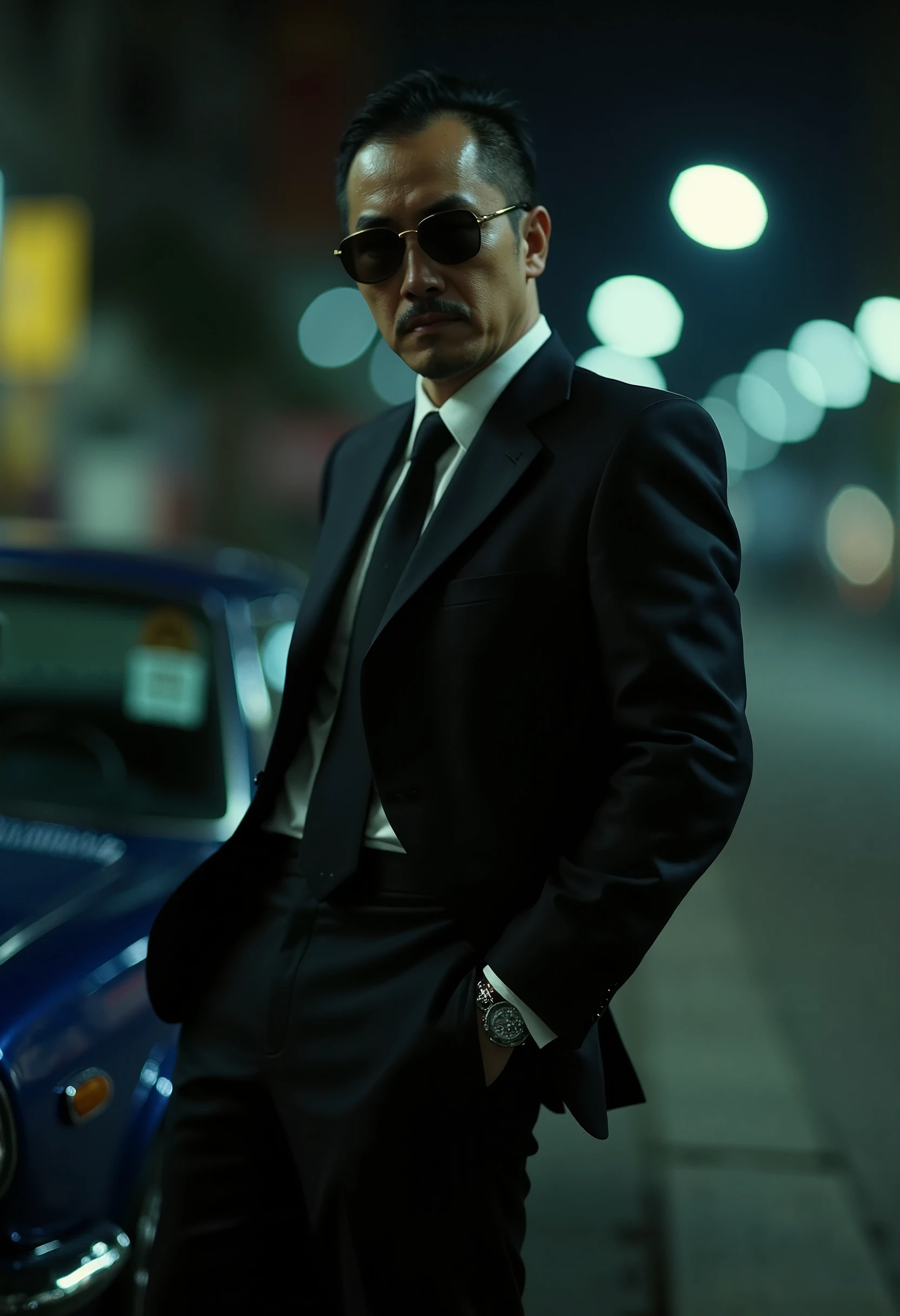 Cinematography, realistic, retro,  film grain , Wong Kar-Wai,  Dark lighting , Alone, a middle-aged man in a black suit and black sunglasses, Severe expression,  hand in pocket, He leans on a car, [blurred, bokeh