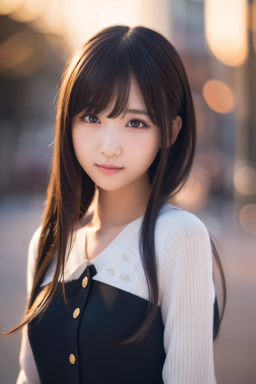 best quality, actual, super detailed, finely, high resolution, 8k wallpaper, 1 cute japanese girl,long hair , choppy bangs, ((slender)),((portrait)),