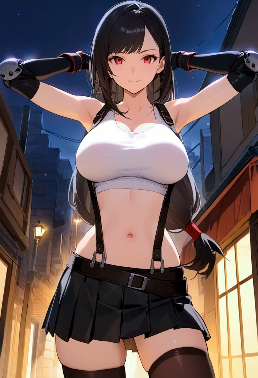 score_9, score_8_up, score_7_up,,rating_safe ,(from below.front_view ,(soro focus),standing,straight-on,(tank toplift),,(upperbody:1.5),looking_at_viewer ,1girl, tifa lockhart, final fantasy, tareme,black hair, low-tied long hair, red eyes, bangs, [white tank top], belt, pleated skirt, thighhighs, elbow fingerless gloves, elbow pads, midriff, navel,suspender skirt . ,(large_breasts),(perky breasts;1,2),,light smile,panties shot,,Solo,,(daytime and beachside and city),detailed skin,(masterpeace),(best quality),(aesthetic,very aesthetic),,highly detailed),,professional lighting,cinematic lighting, dancing breast,motion_lines 　