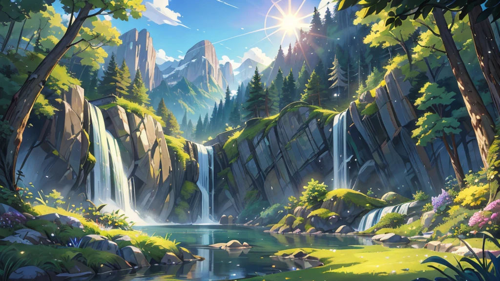 generate a beautifull screnry of valley with lake high waterfall greenry sun,brush strokes,unreal engine rendering,beautifull scenry,arcylic painting,style of makoto shinkai jamie wyeth james gilleard edward hopper greg studio ghibli genshin impact,realistic anime feeling 