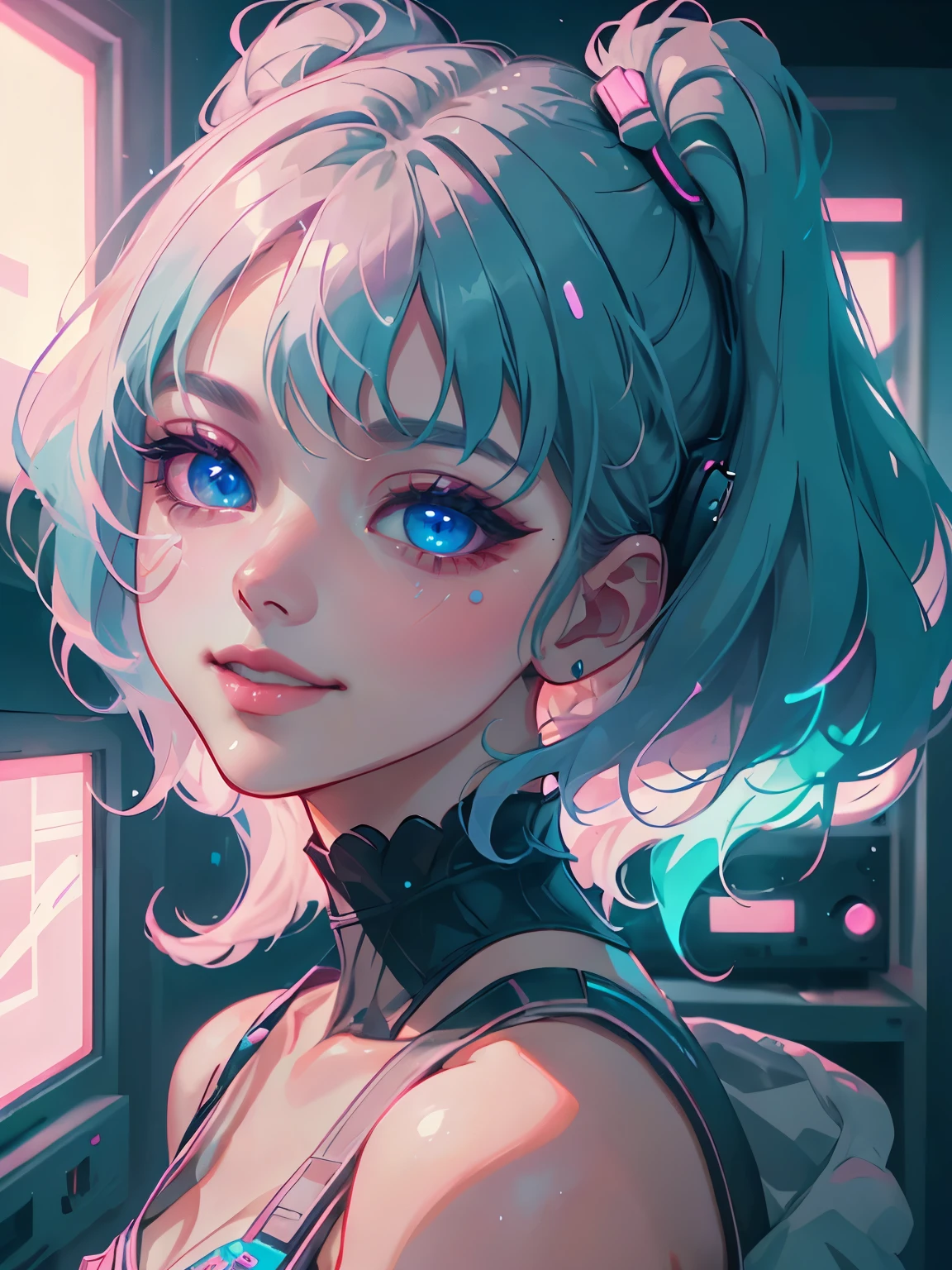 1 girl, playing video games, cute vaporwave style, masterpiece, long hair, looking at viewer, smiling, wide angle shot, wide angle, intricate details, highly detailed, beautiful detailed eyes, beautiful detailed lips, extremely detailed face, detailed environment, neon lighting, pastel colors, vibrant colors, photorealistic, 8k, high resolution, beautiful, cinematic lighting, atmospheric, dreamlike, stylized, elegant