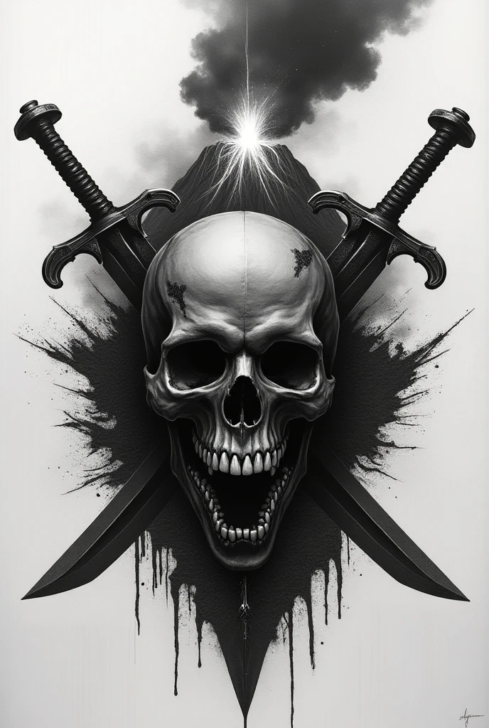 tattoo design of a skull with a sword stuck behind the skull drawing