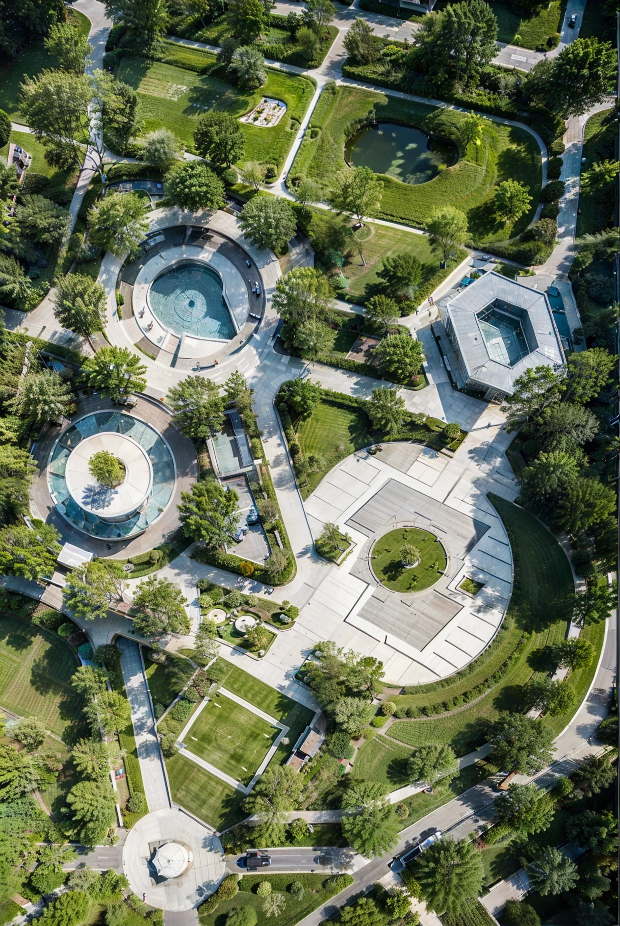 Resort Architecture by , tropical, Circular huts, aerial, pools, fountain, fields, tennis field, football field, realistic bird eye view, brown walkways emphasized