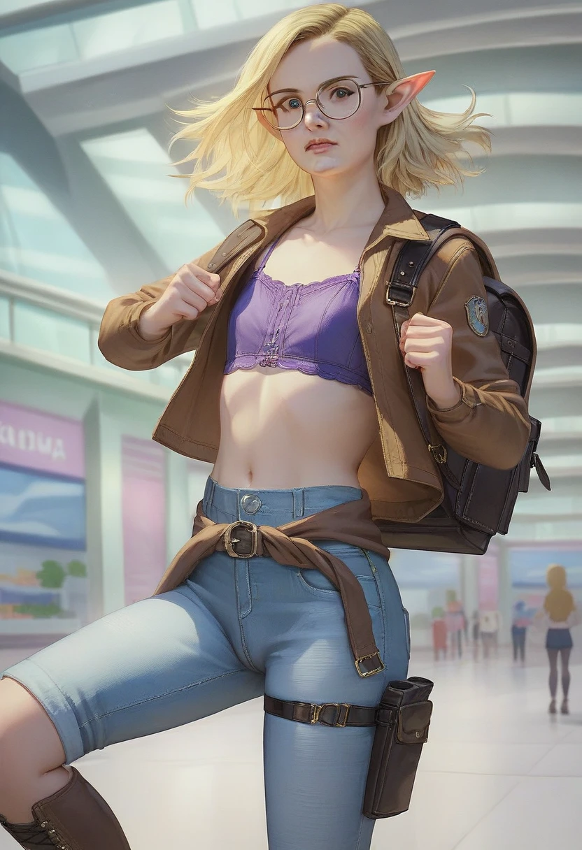 score_9, score_8_up, score_7_up,1girl, st woman,1girl, ,blonde hair,glasses, young teen, pointy elf ears, looking at viewer,, ,upper_body, , in a crowded blue crystal mall, midriff, purple lingerie garter belt, open jean denim jacket, sharp focus, detailed, hd,, flat chested, , brown leather holster straps around waist and thighs, knee-high leather riding boots, , backpack, kicking, kicking at viewer, detailed face, pornographic, showing pussy