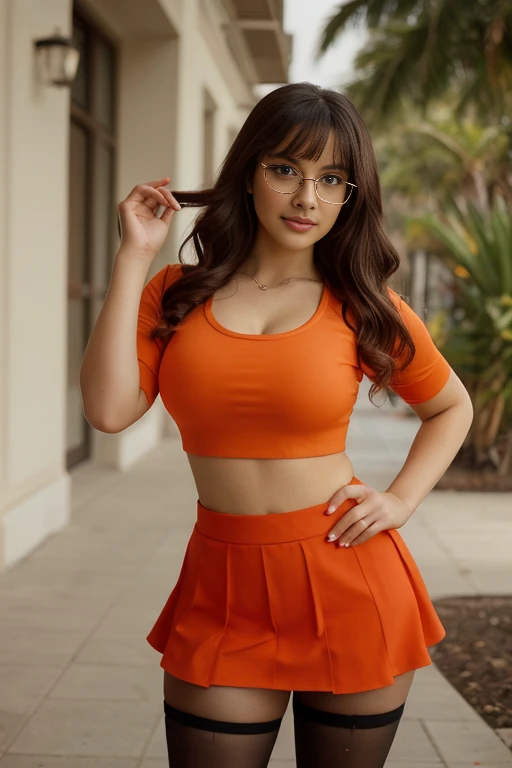  There is a woman posing in an orange top and a red skirt.., better known as amaranto, amaranto, young beautiful amaranto, Look like a nerd , amaranth as a super villain, nerd, My Caliph , Very sexy outfit, velma, wearing a sexy top, thick, fitted shirt, with glasses, Wearing a nice blouse