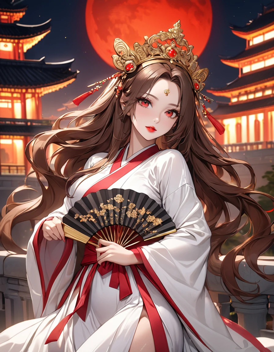 best quality, masterpiece, highres, (exquisite body:1.5),gorgeous face,(milky skin:1.3),intricate details,high resolution,wallpaper,
1girl, solo, dress, hair ornament, (((gold and red dress))), flowers, long hair, brown hair, closed mouth, jewelry, long sleeves, hand up, wide sleeves, big eyes,floating hair, chinese clothes, hanfu, embroidery, long skirt, natural pose, falling petals, indoor,fanning, lantern,
16K,HDR,highres,depth field,(film grain:1.1),boken,golden hour,(lens flare),vignette,rainbowing,(color grading:1.5)